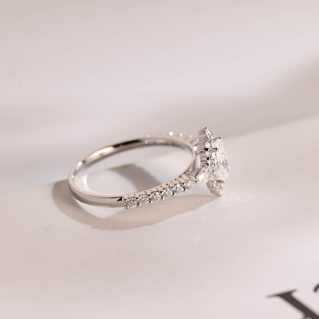 Solid Gold Halo Crushed Ice Oval Moissanite Engagement Ring, Half Eternity Proposal Ring