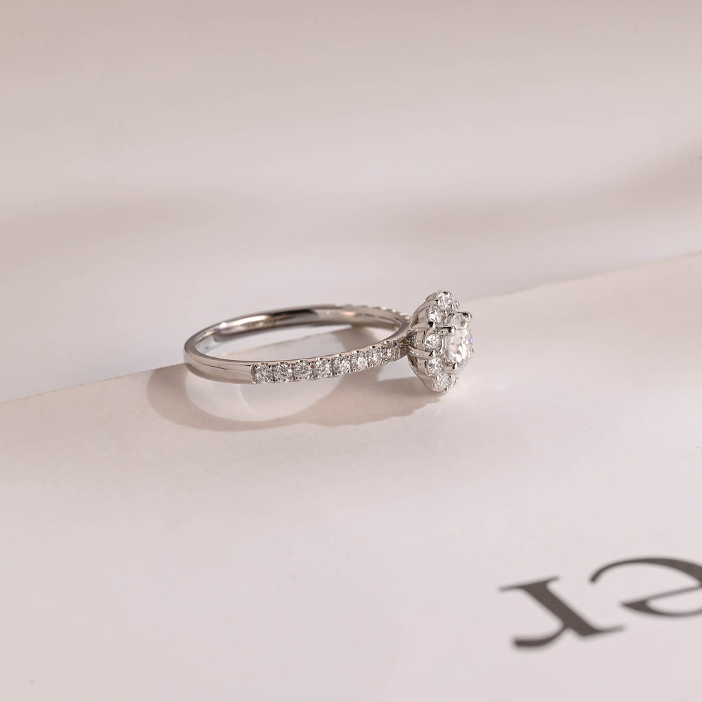Solid Gold Sunflower Round Moissanite Engagement Ring, Half Eternity Promise Ring