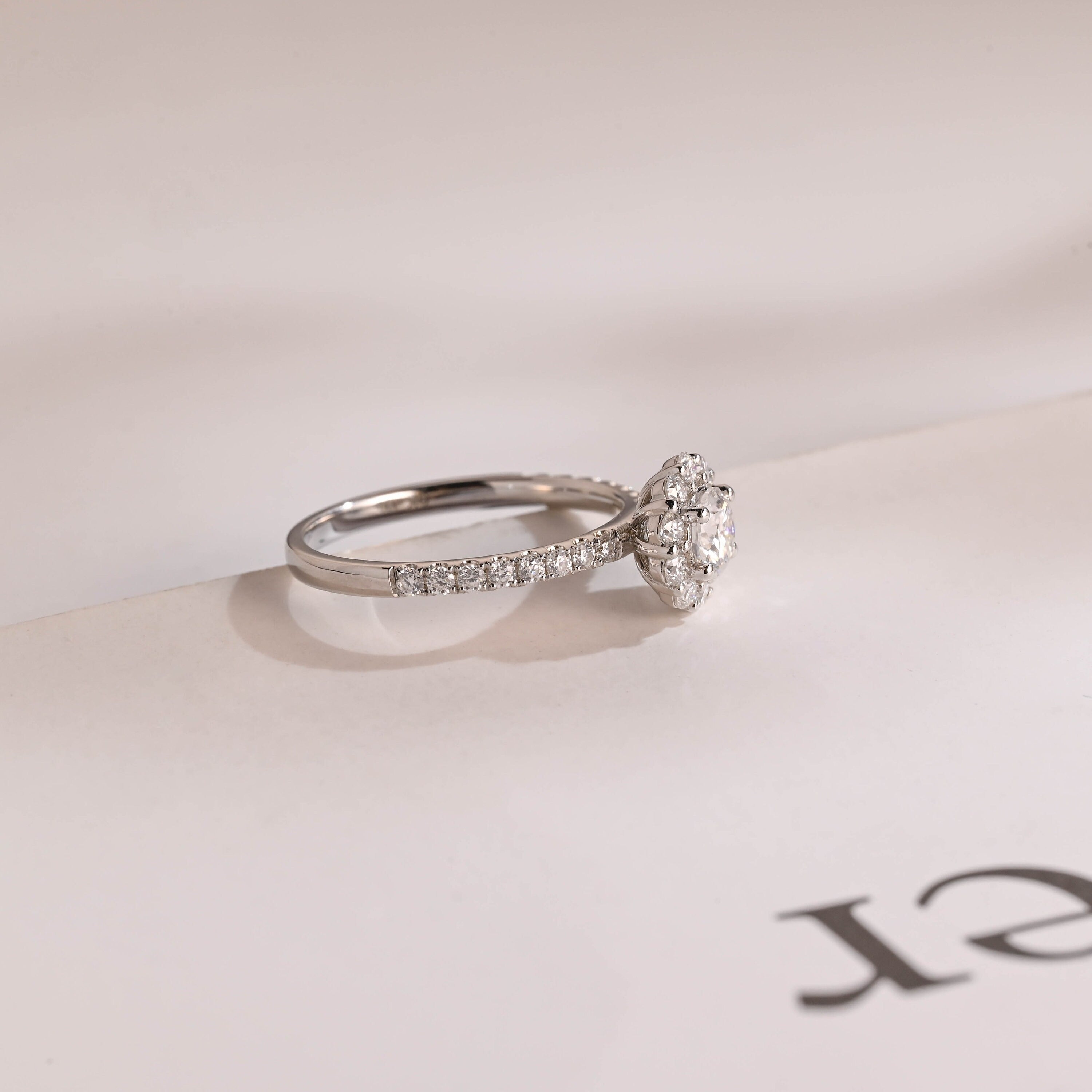 Solid Gold Sunflower Round Moissanite Engagement Ring, Half Eternity Promise Ring