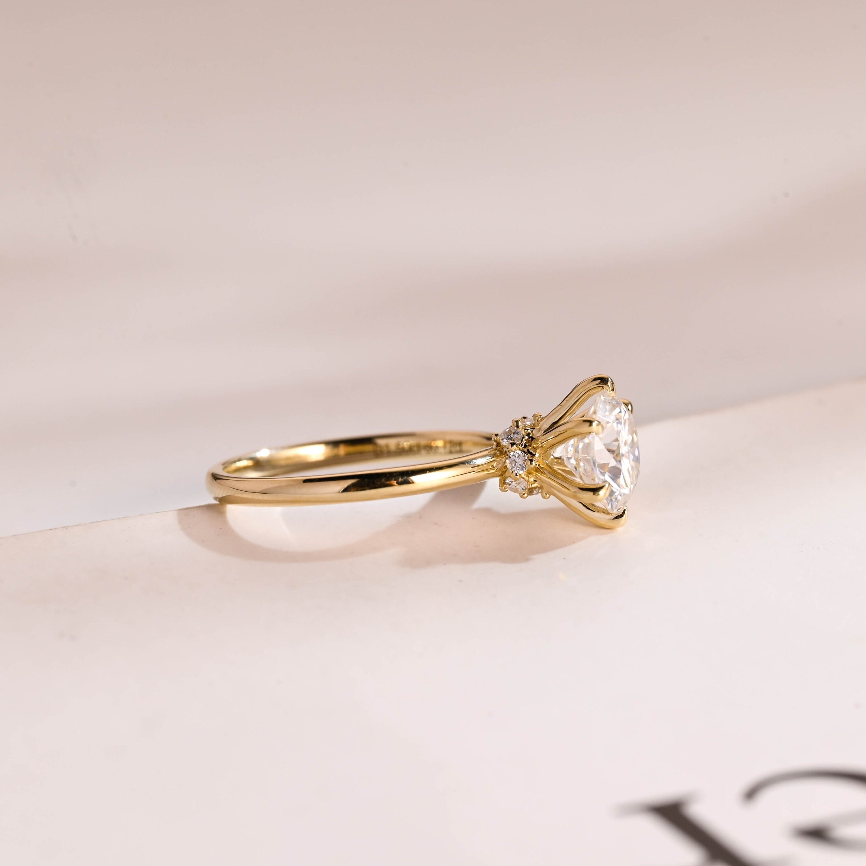 Solid Gold Hidden Halo Round Cut Moissanite Engagement Ring, Solitaire Promise Ring for Her