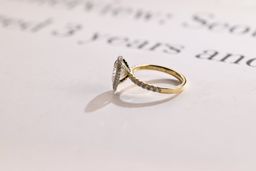 Solid Gold Pear Moissanite Engagement Ring, Half Eternity & Halo Promise/Proposal Ring