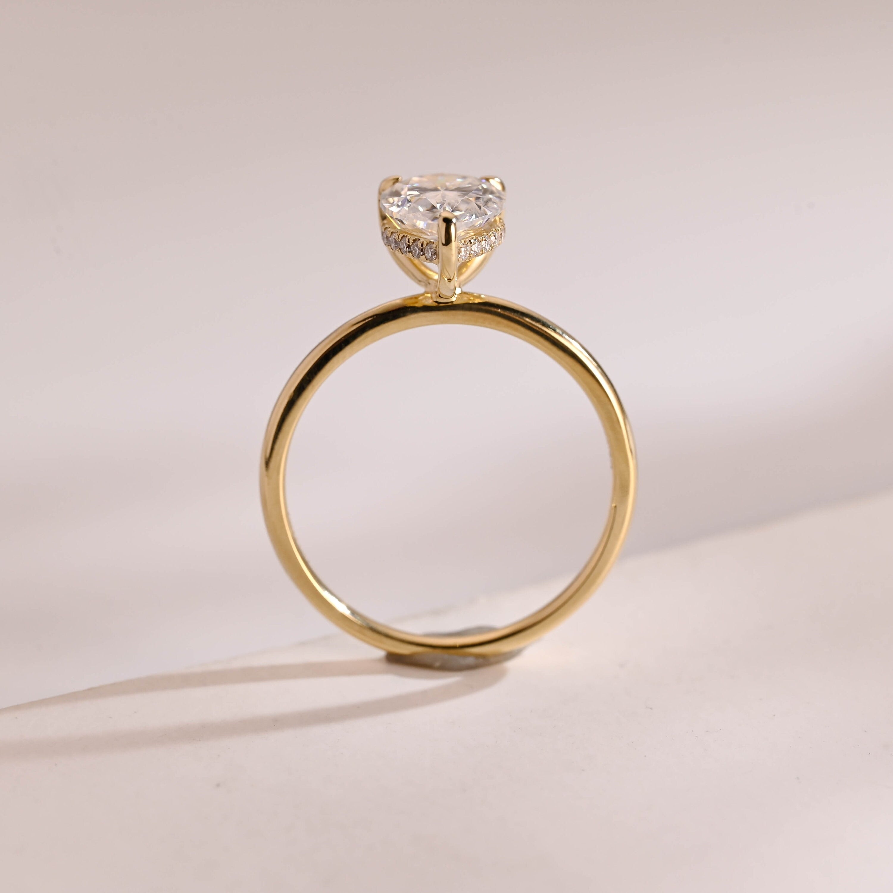 Solid Gold Pear Moissanite Engagement Ring, Hidden Halo Promise Ring