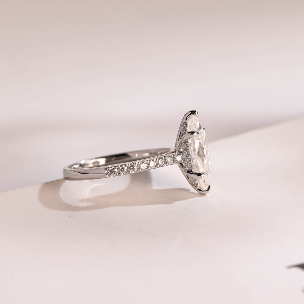Solid Gold Marquise Cut Moissanite Engagement Ring with Hidden Halo