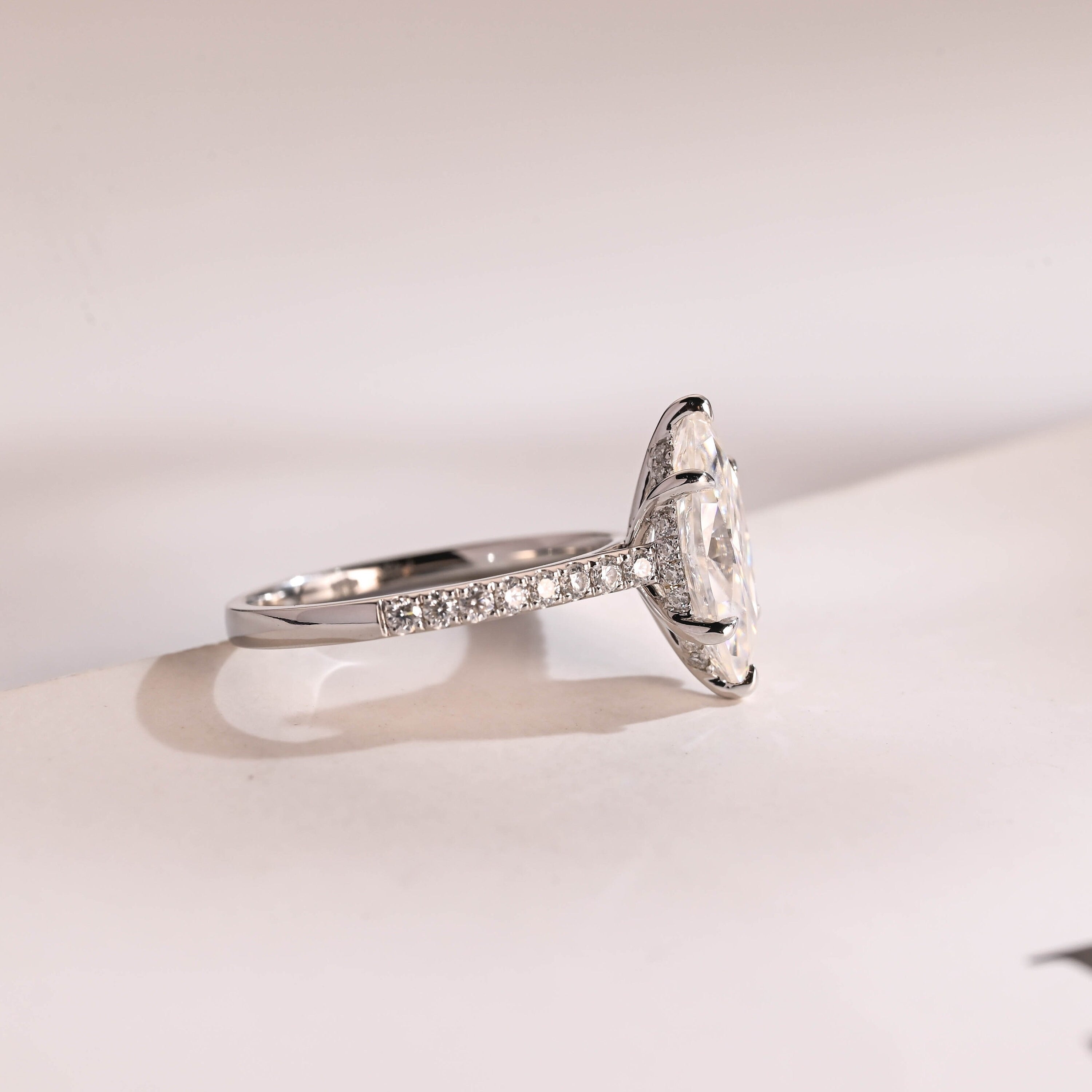 Solid Gold Marquise Cut Moissanite Engagement Ring with Hidden Halo