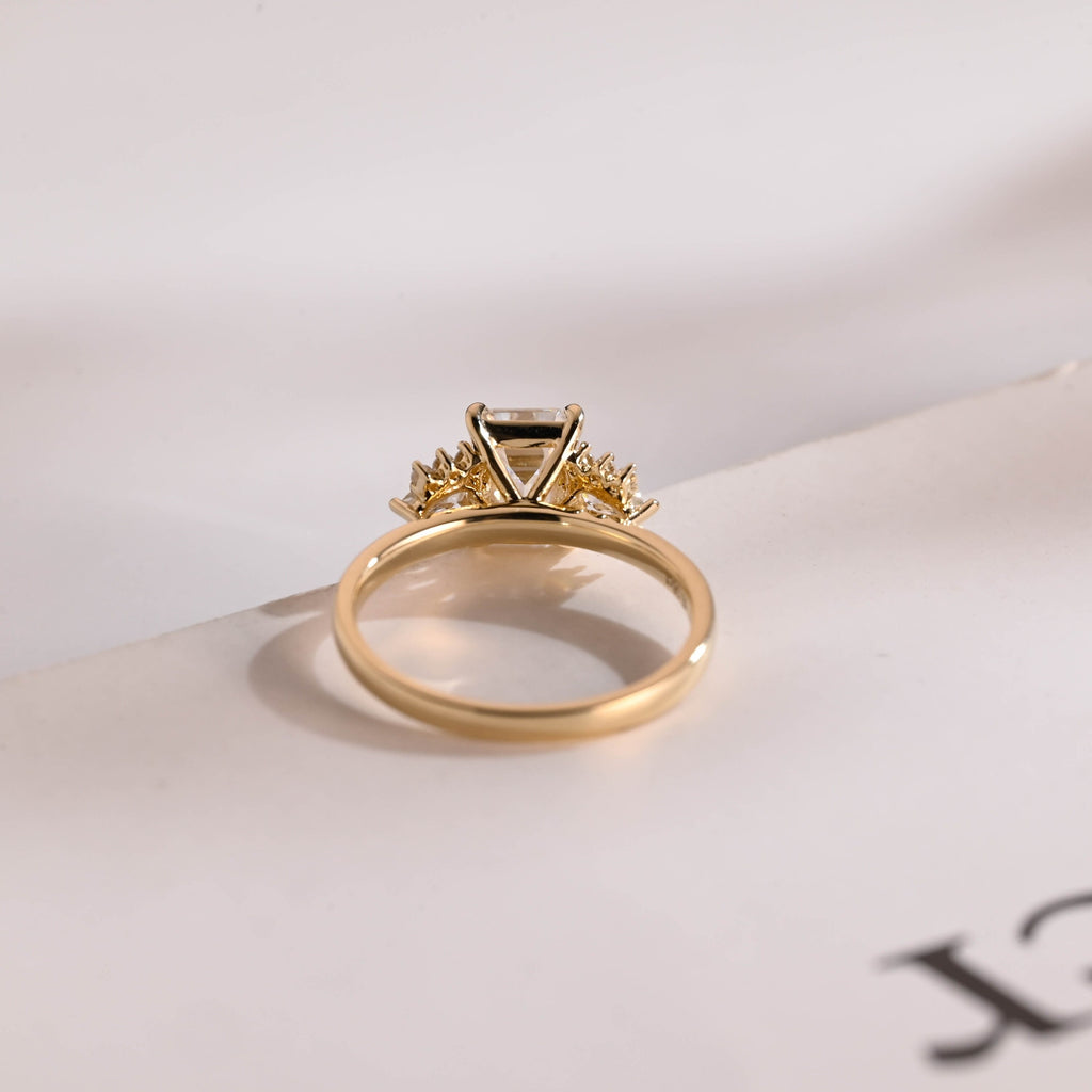 Solid Gold Emerald Cut Moissanite Engagement Ring With Trapezoid, Dainty Cluster Promise Ring