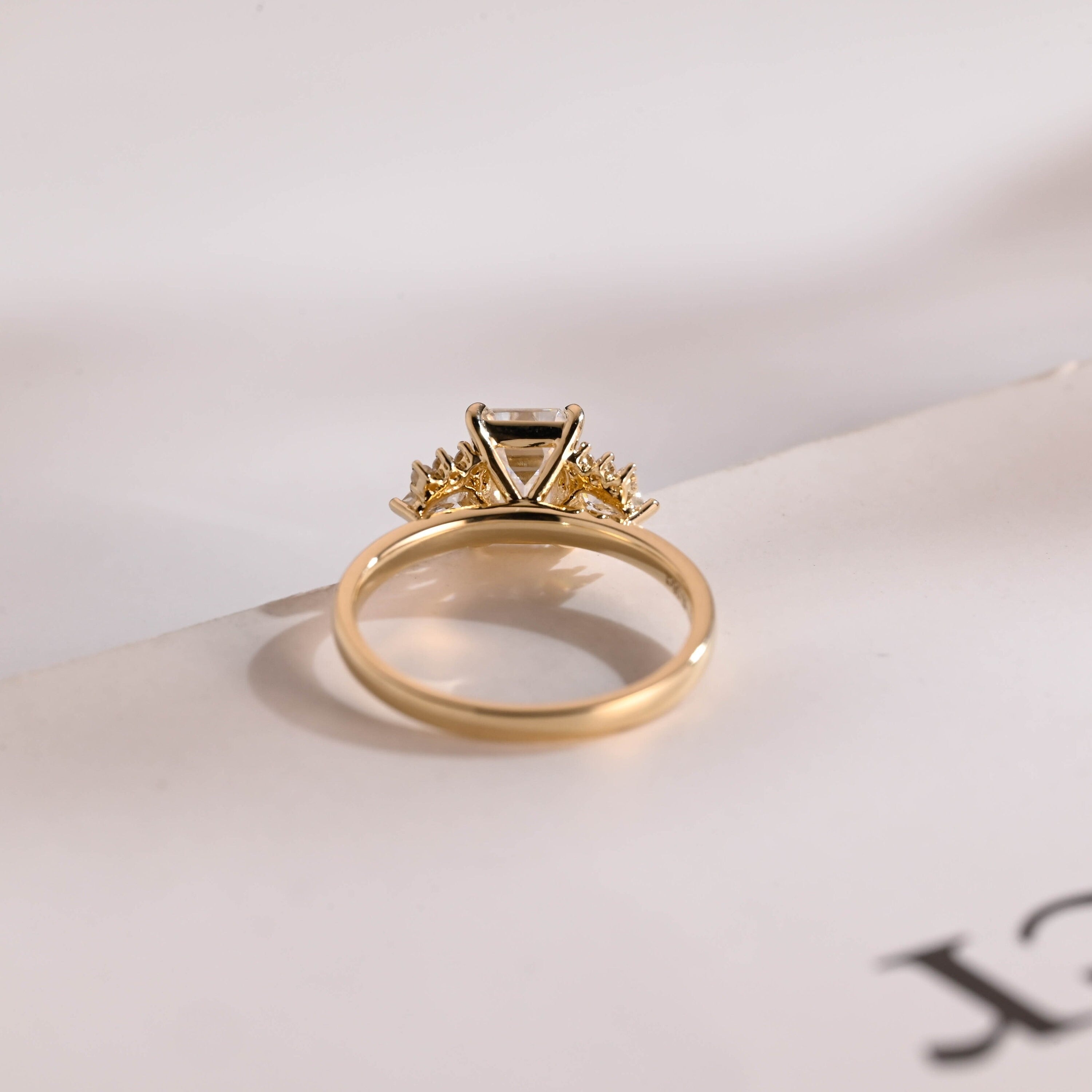 Solid Gold Emerald Cut Moissanite Engagement Ring With Trapezoid, Dainty Cluster Promise Ring