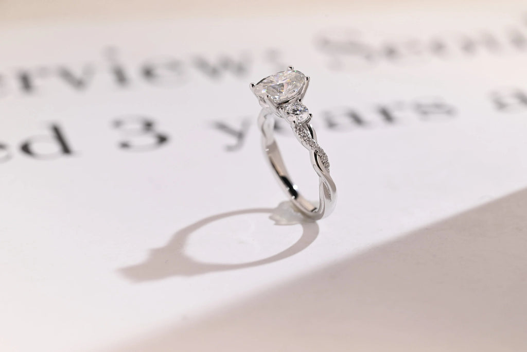 Solid Gold Oval Moissanite Engagement Ring, Twisted Band Half Eternity Bridal Ring