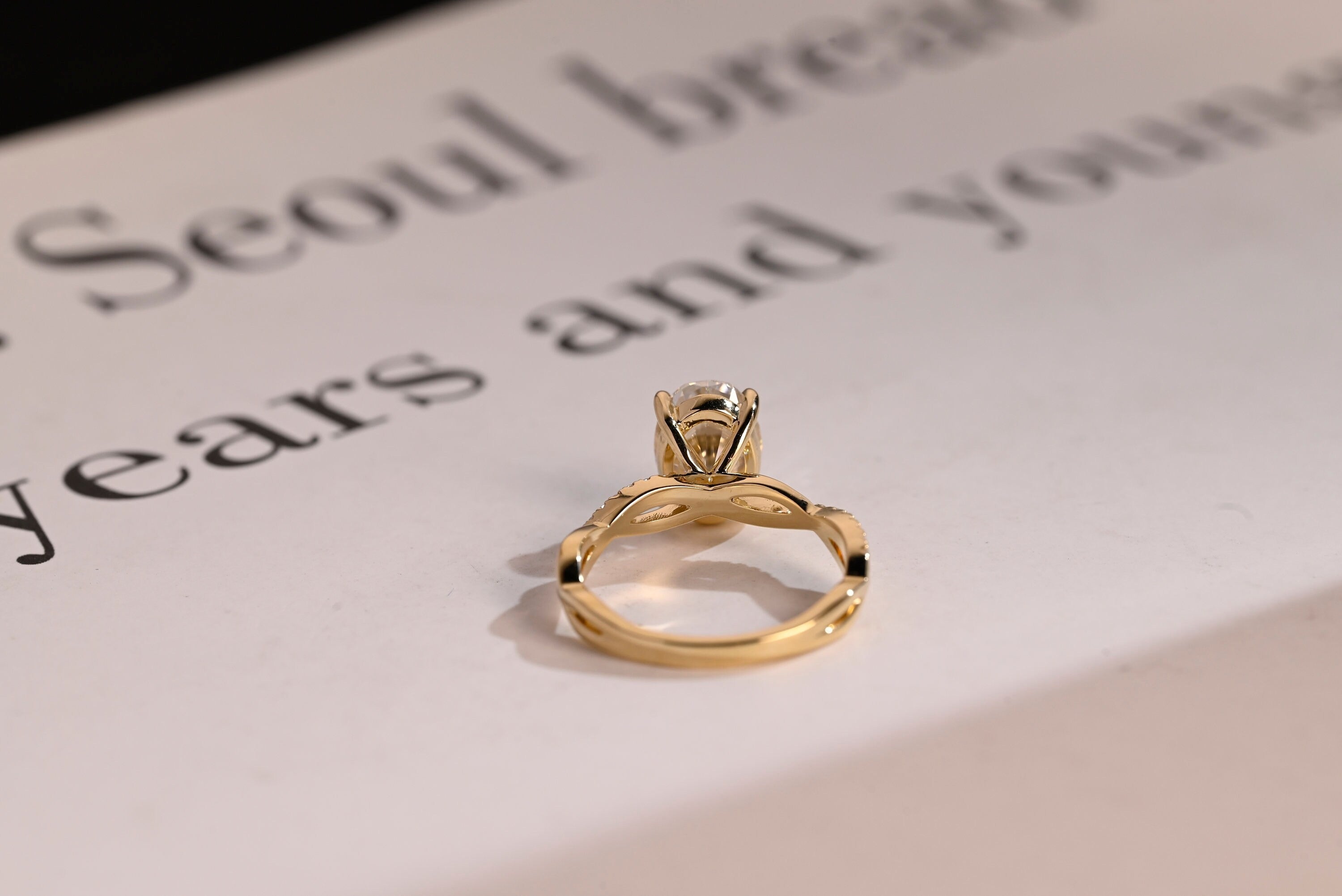 Solid Gold Oval Moissanite Engagement Ring, Twisted Band Half Eternity Bridal Ring