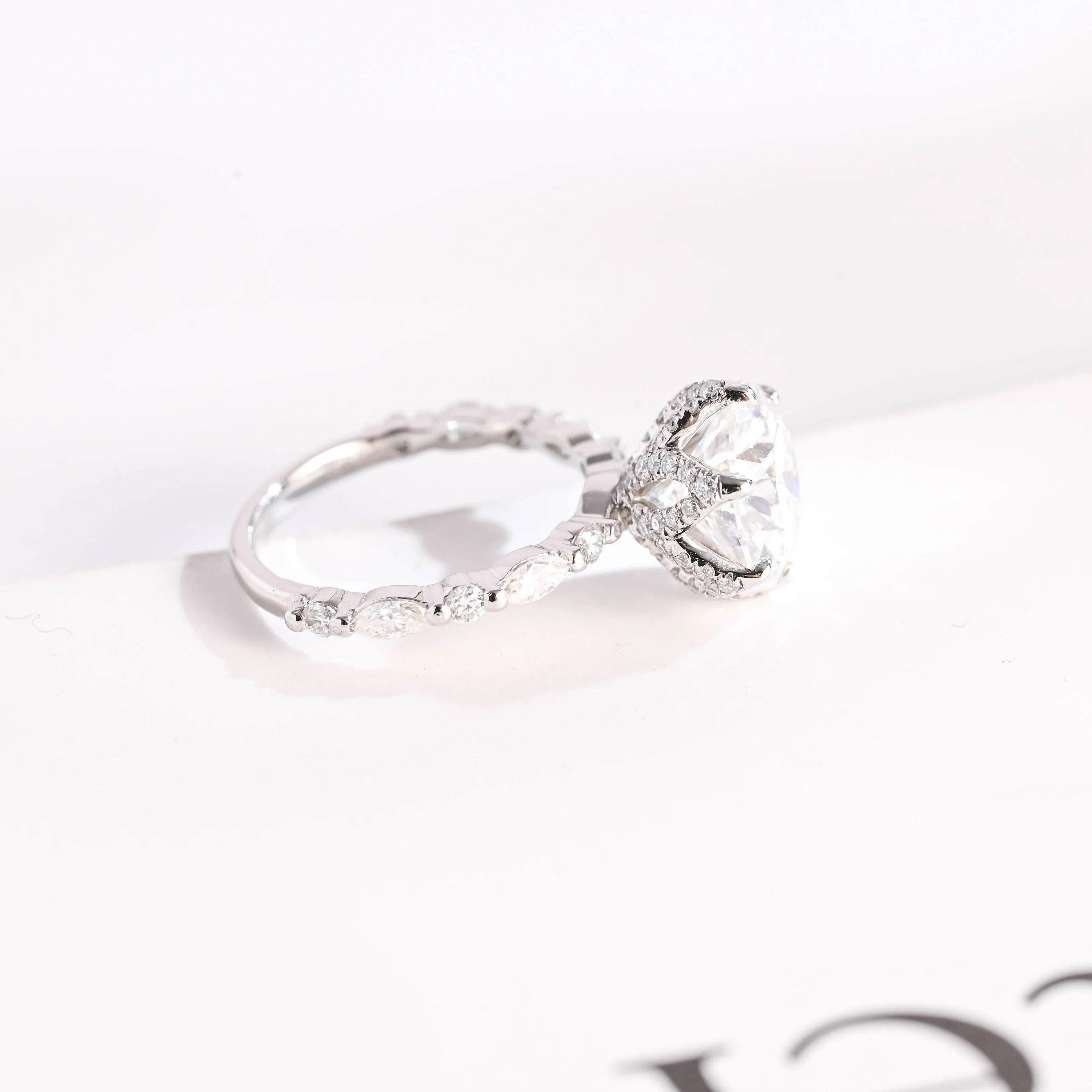 Solid Gold Floral Pave Round Moissanite Engagement Ring, Anniversary Gift for Her
