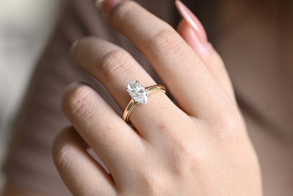 Solid Gold Two Tone Marquise Moissanite Engagement Ring, Unique Proposal Ring