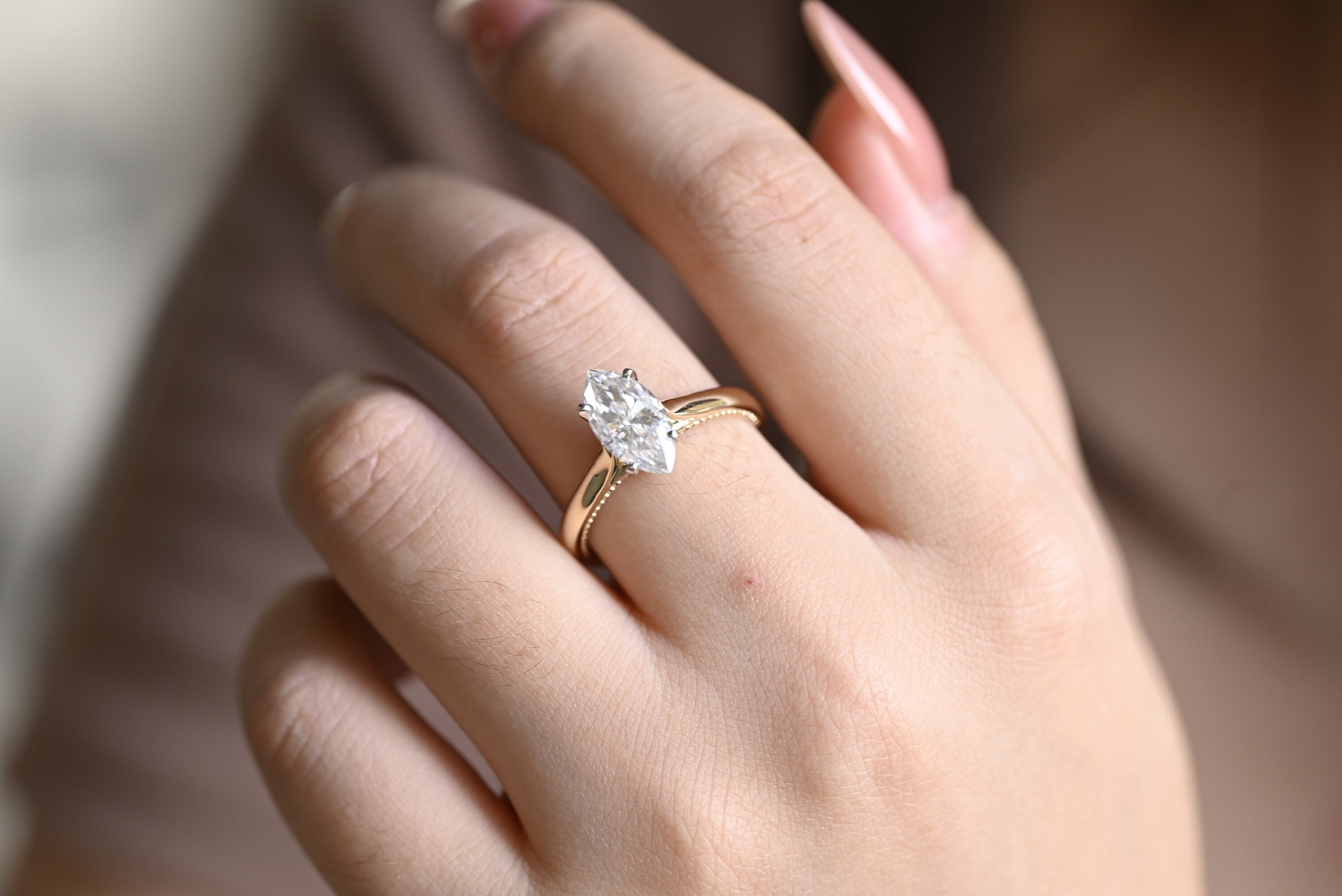 Solid Gold Two Tone Marquise Moissanite Engagement Ring, Unique Proposal Ring