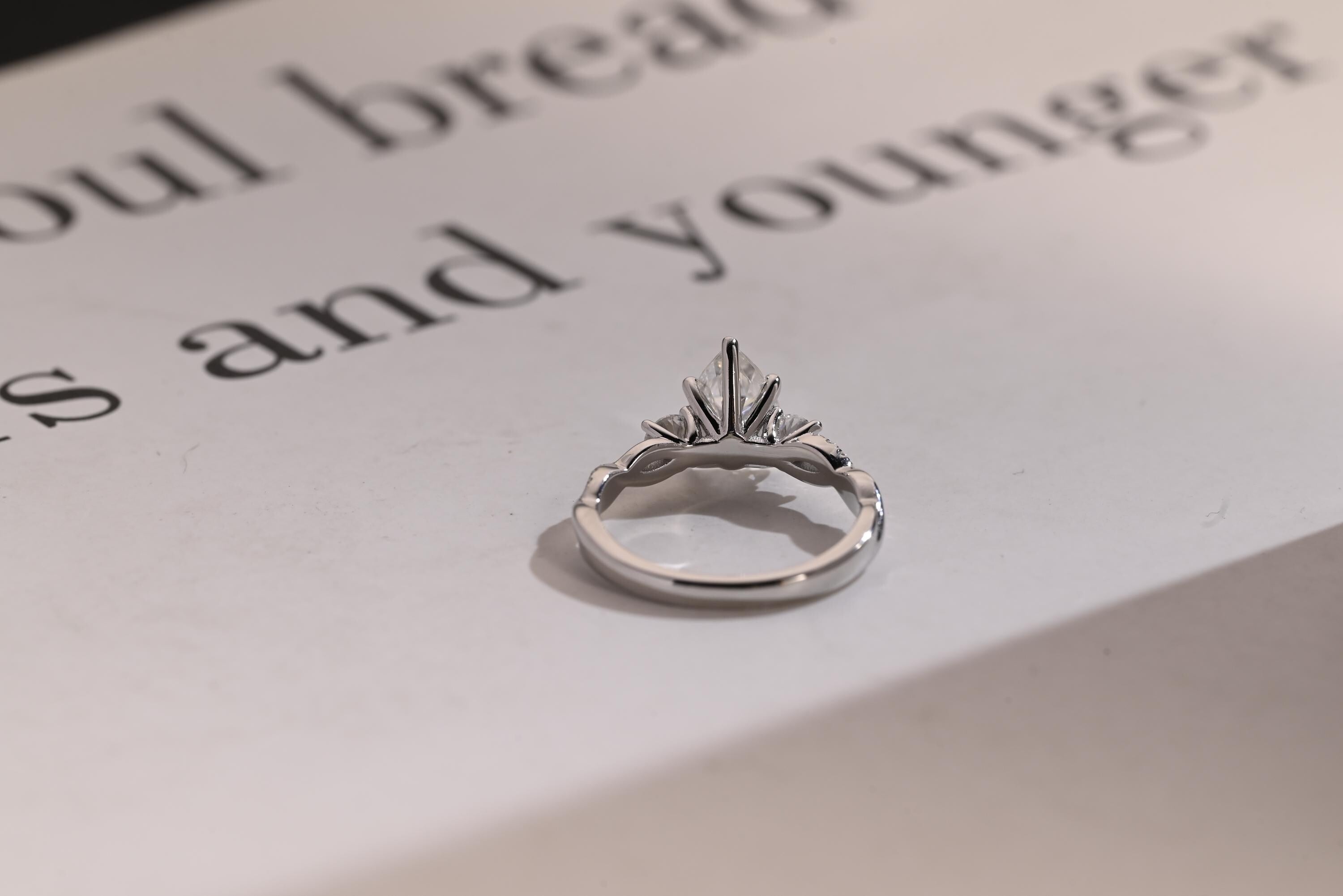 Solid Gold Pear Moissanite Engagement Ring, Twisted Band Half Eternity Bridal Ring