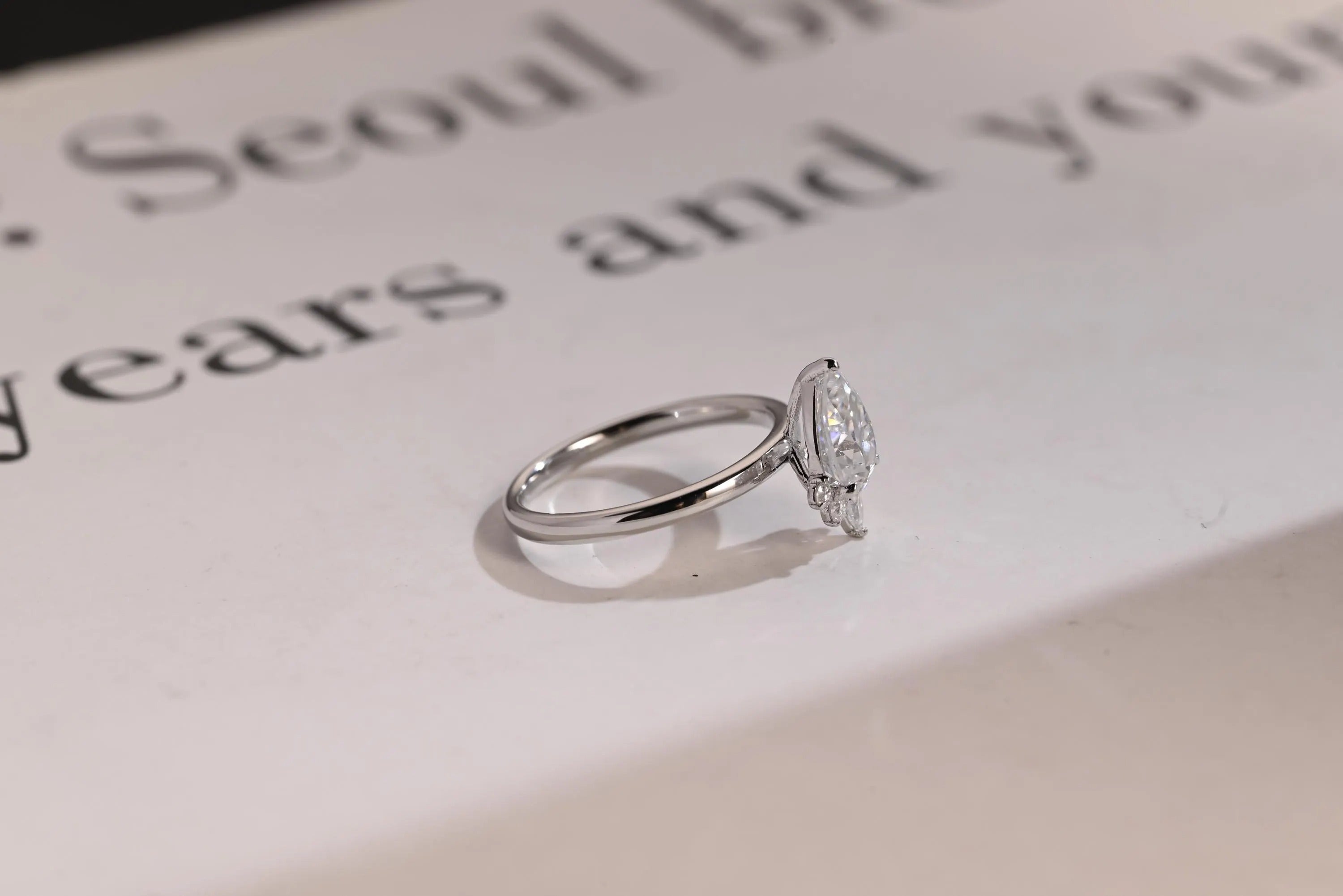Solid Gold Pear Moissanite Engagement Ring with Accent Stone, Tear Drop Ring