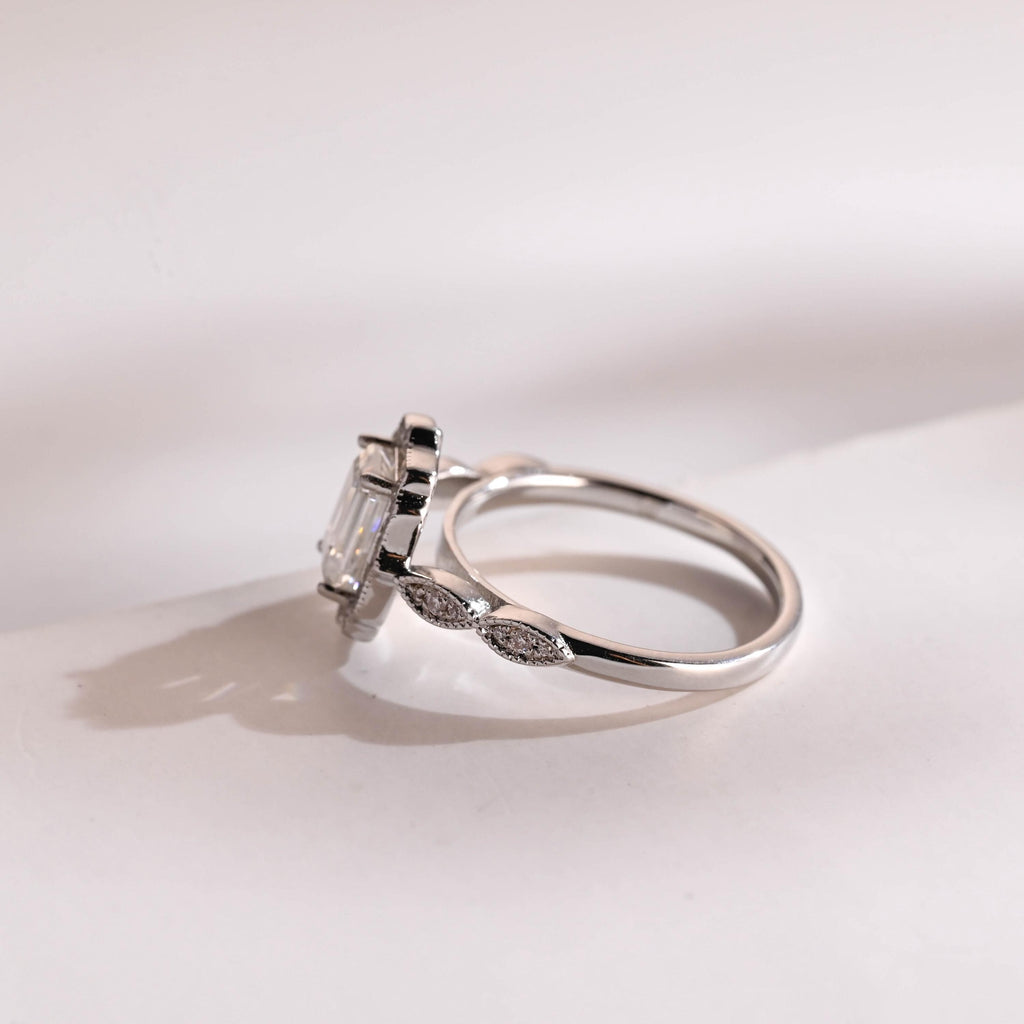 Solid Gold Emerald Cut Moissanite Engagement Ring, Beaded Halo Half Pave Ring