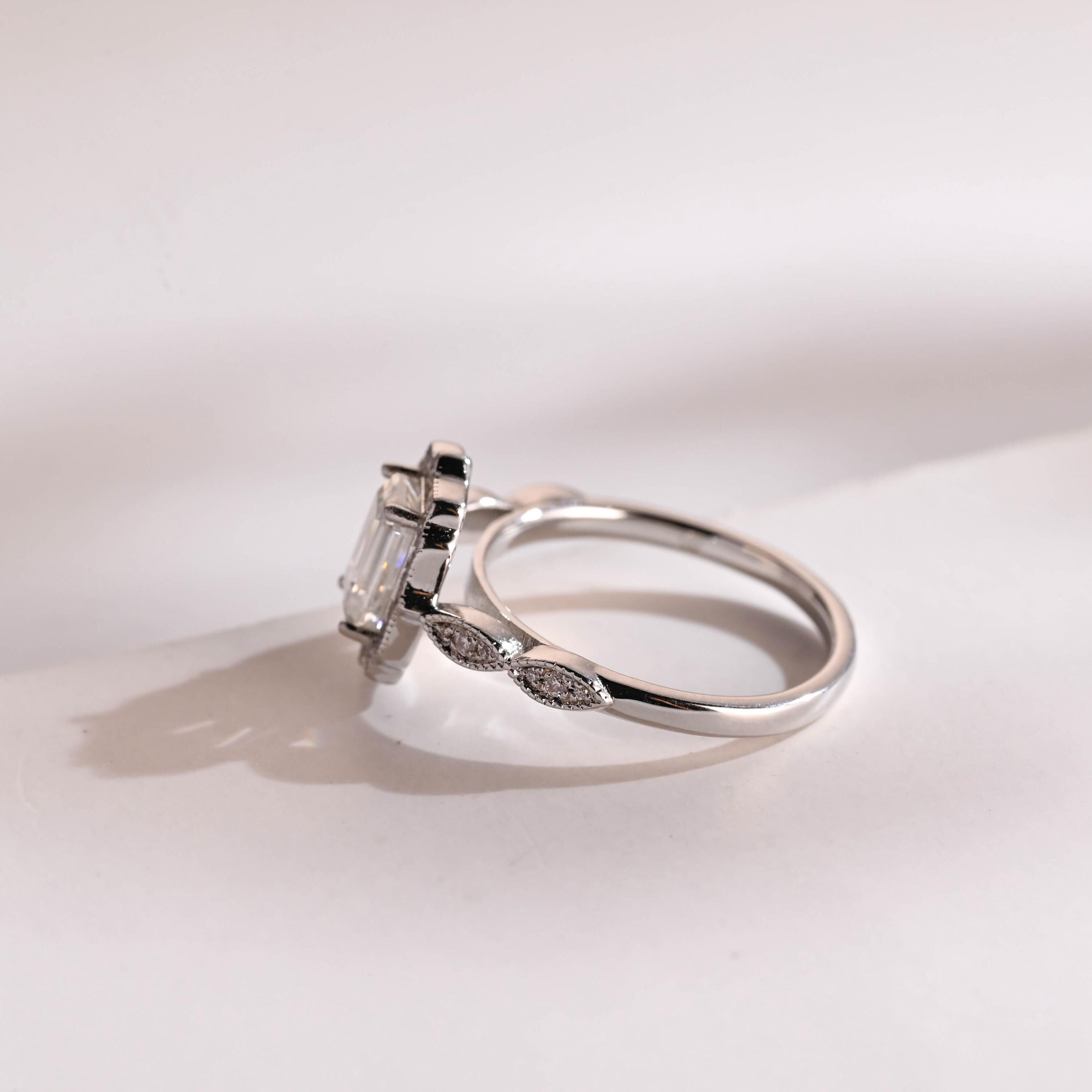 Solid Gold Emerald Cut Moissanite Engagement Ring, Beaded Halo Half Pave Ring