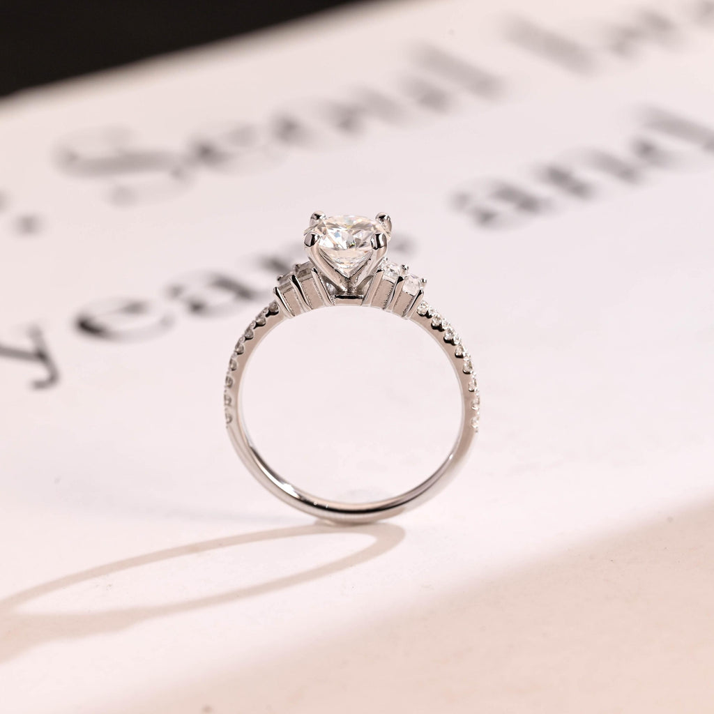 Solid Gold Round Moissanite Engagement Ring, Half Eternity Promise Ring