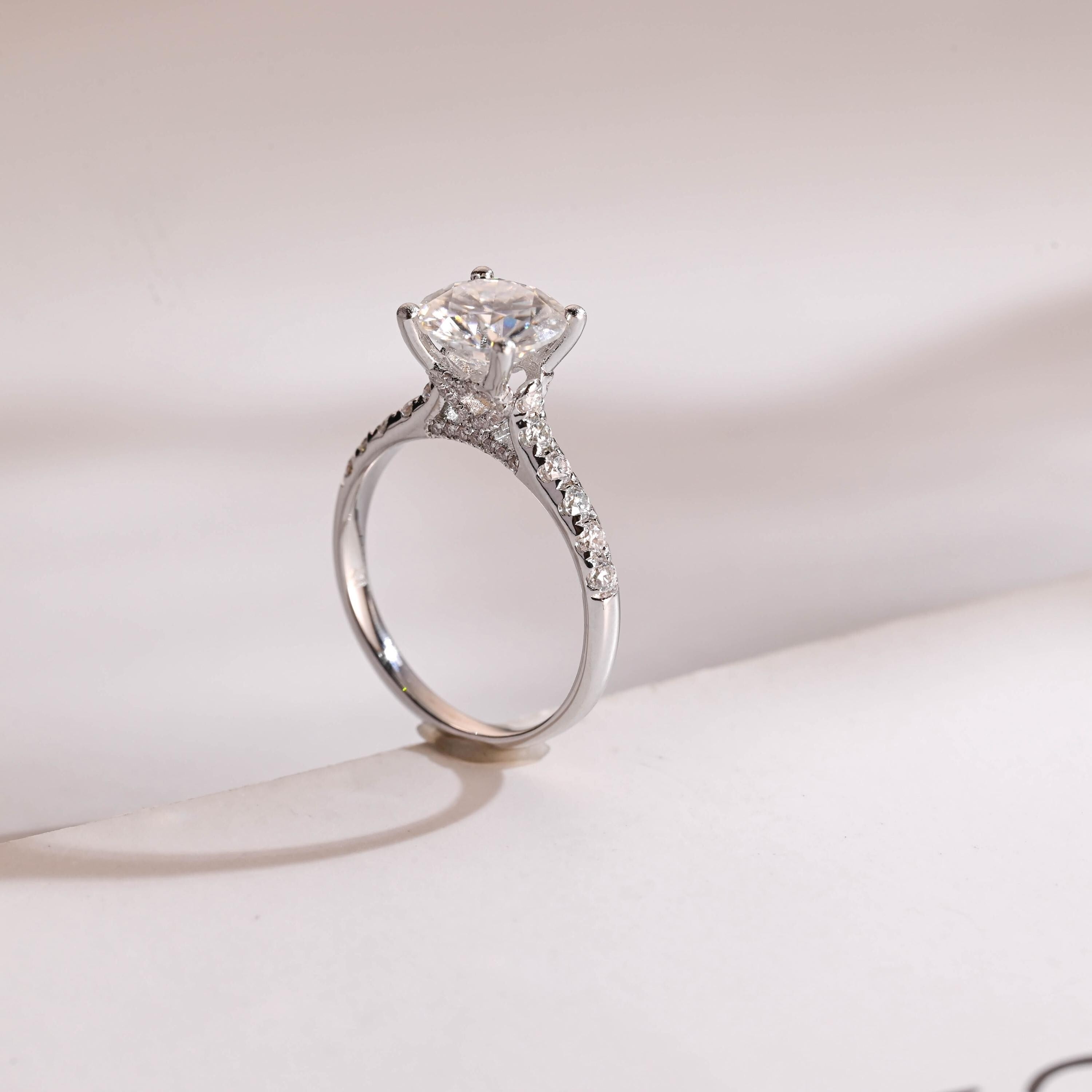 Solid Gold Hidden Halo Round Moissanite Engagement Ring, Half Eternity Promise Ring Secondary image