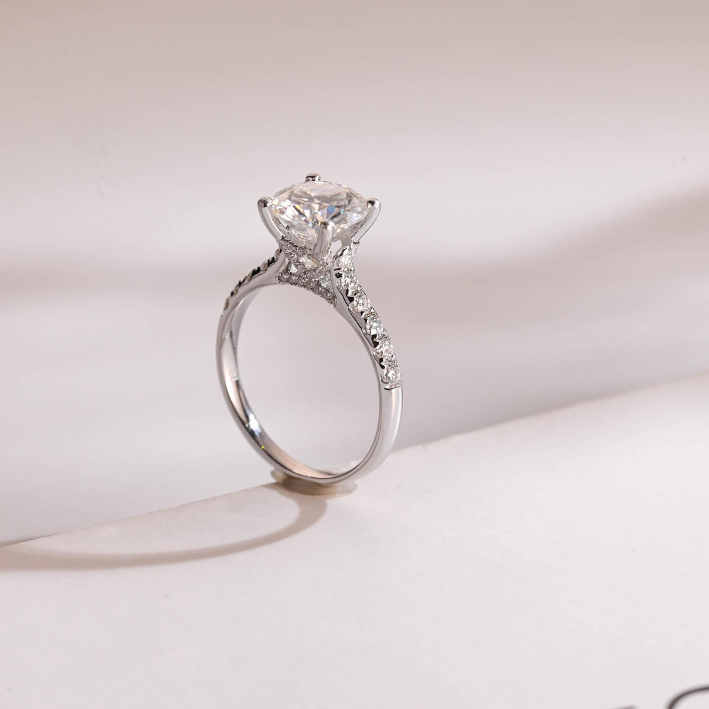 Solid Gold Hidden Halo Round Moissanite Engagement Ring, Half Eternity Promise Ring