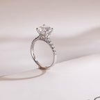 Solid Gold Hidden Halo Round Moissanite Engagement Ring, Half Eternity Promise Ring