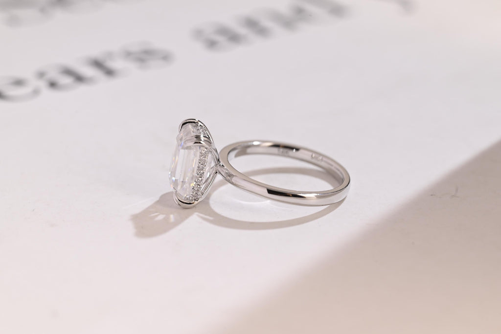 Solid Gold Double Prongs Emerald Cut Moissanite Engagement Ring, Promise Ring