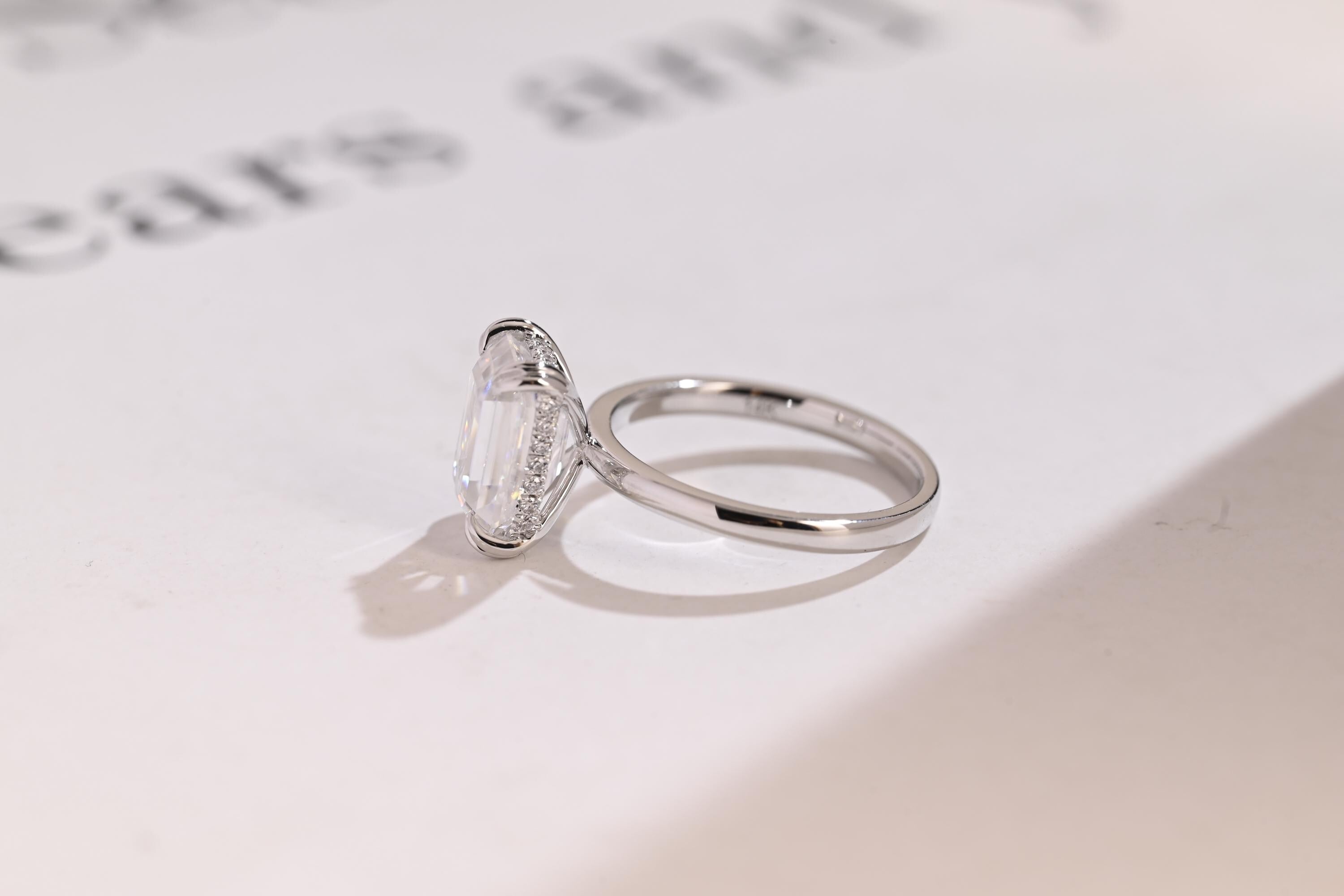 Solid Gold Double Prongs Emerald Cut Moissanite Engagement Ring, Promise Ring