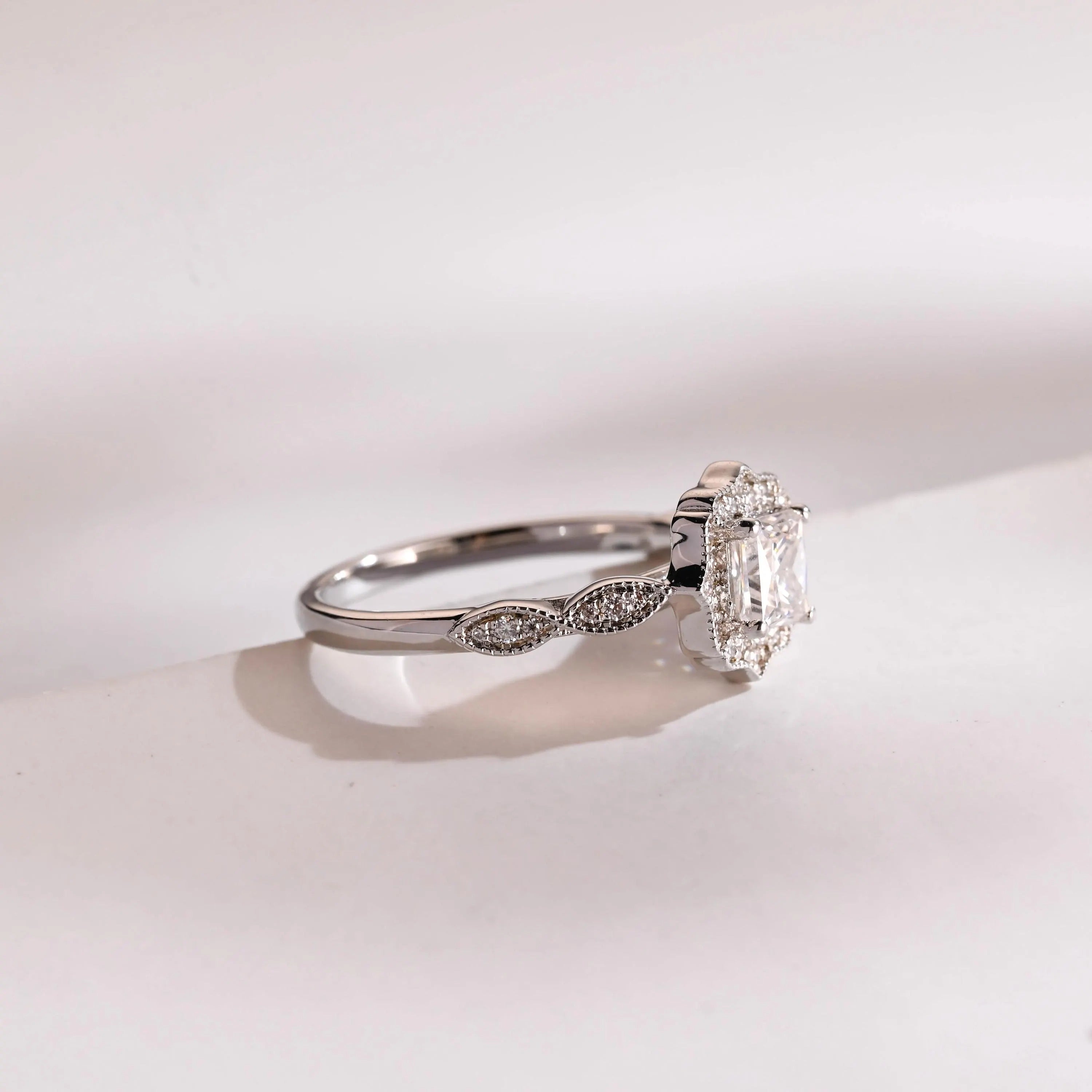 Solid Gold Princess Cut Moissanite Engagement Ring, Beaded Halo Proposal Ring