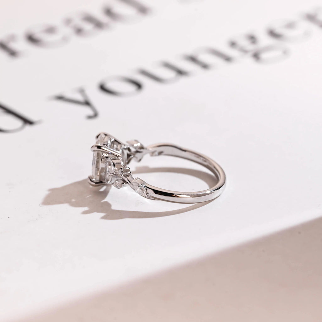 Solid Gold Oval Cut Moissanite Engagement Ring, Dainty Leaf Ring