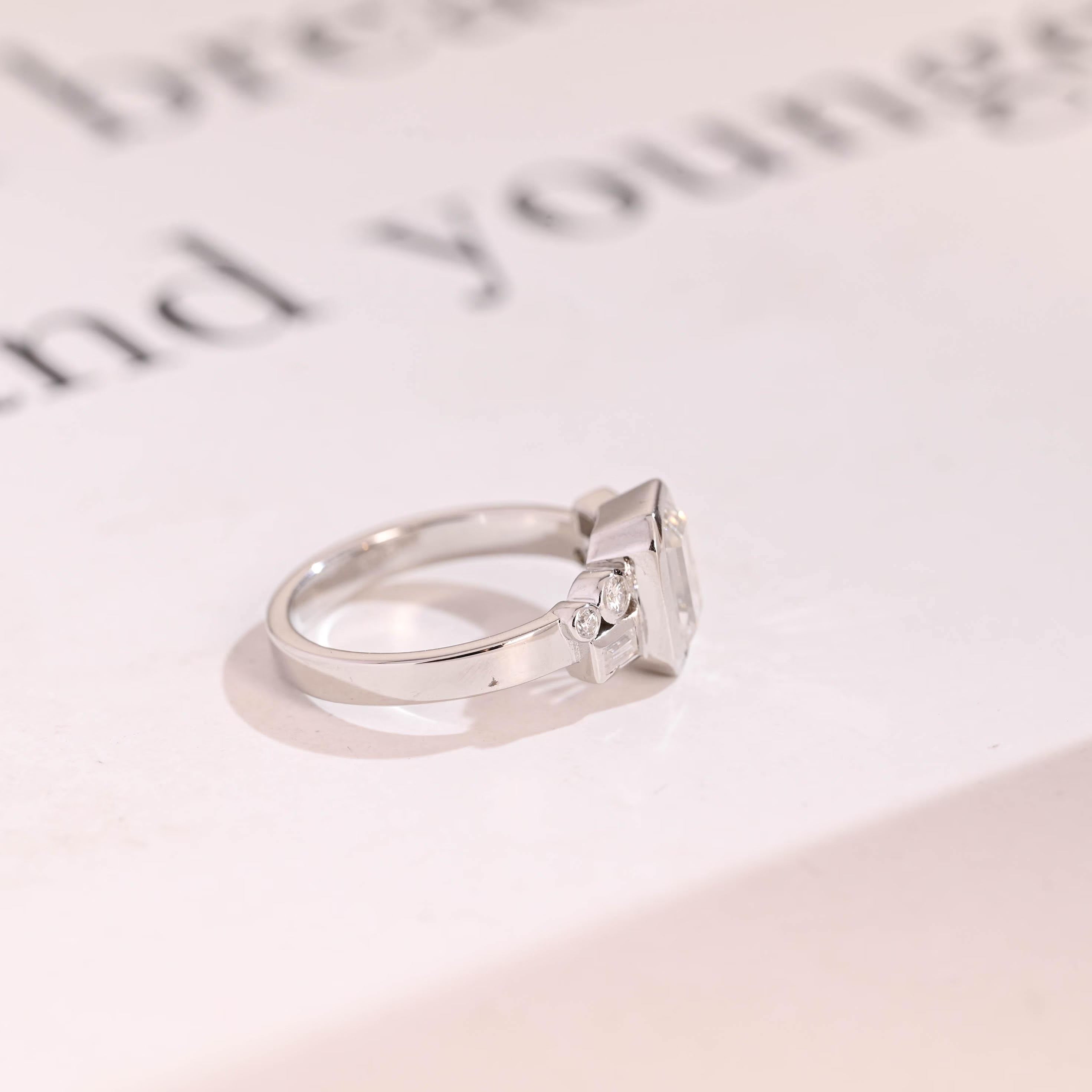 Solid Gold Bezel Emerald Cut Moissanite Engagement Ring, Dainty Cluster Promise Ring