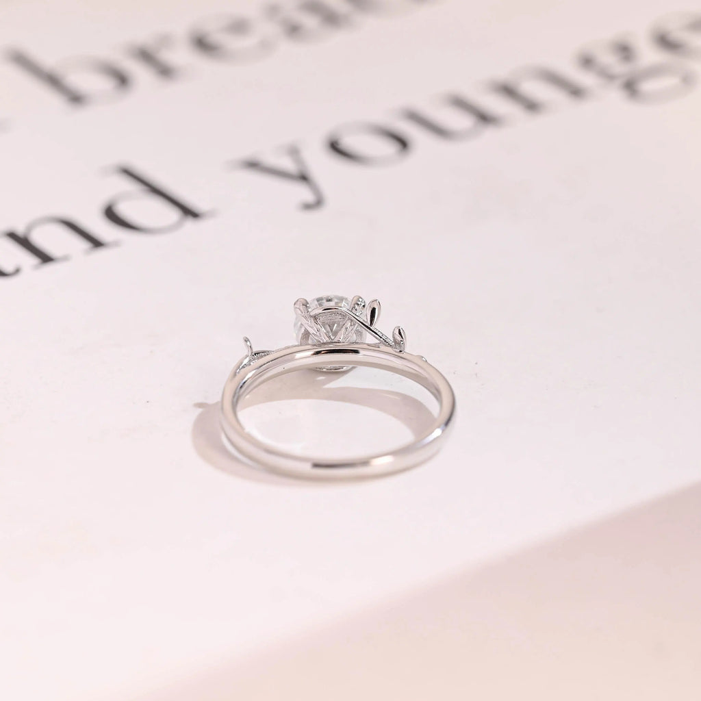 Solid Gold Round Moissanite Engagement Ring, Nature Inspired Proposal Ring
