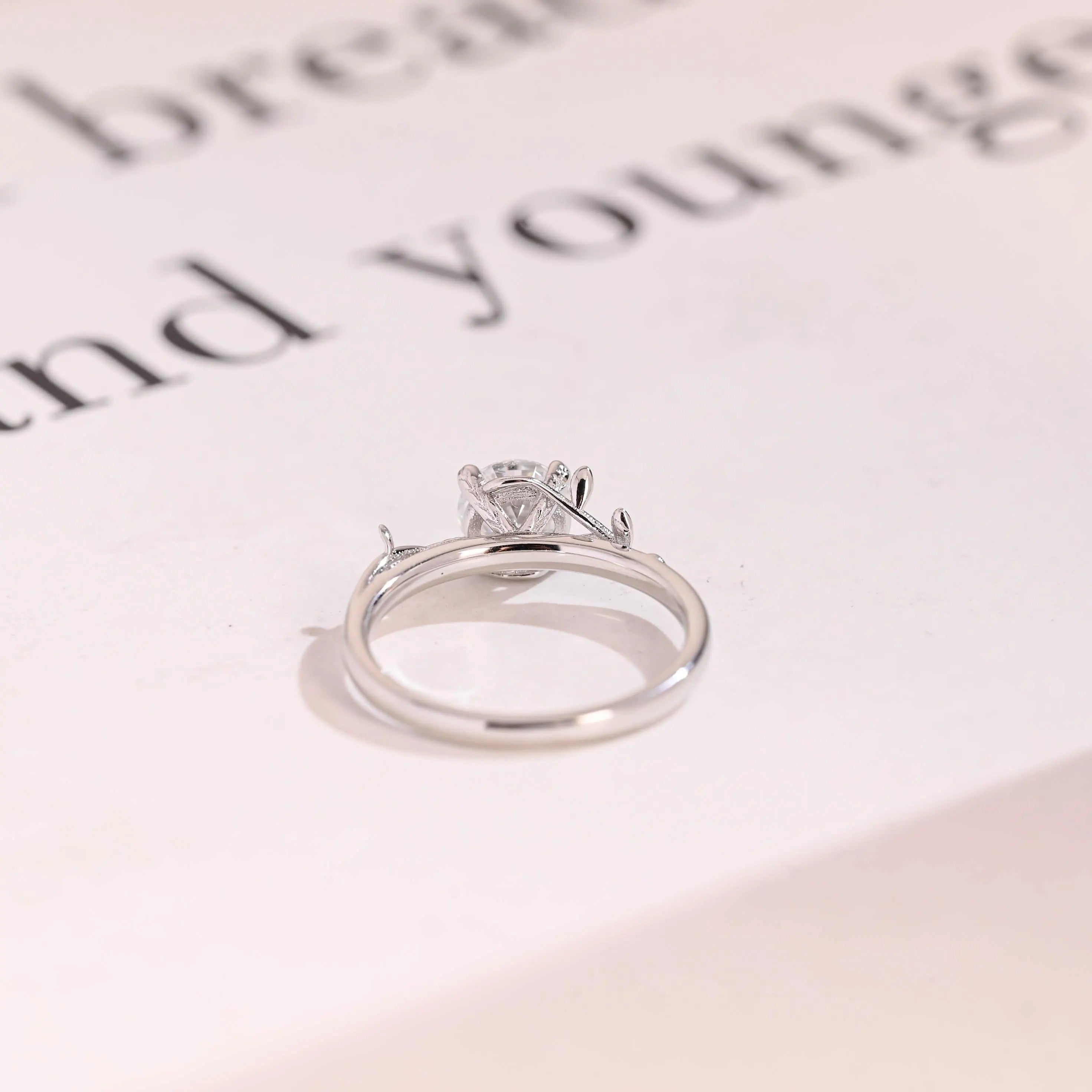 Solid Gold Round Moissanite Engagement Ring, Nature Inspired Proposal Ring