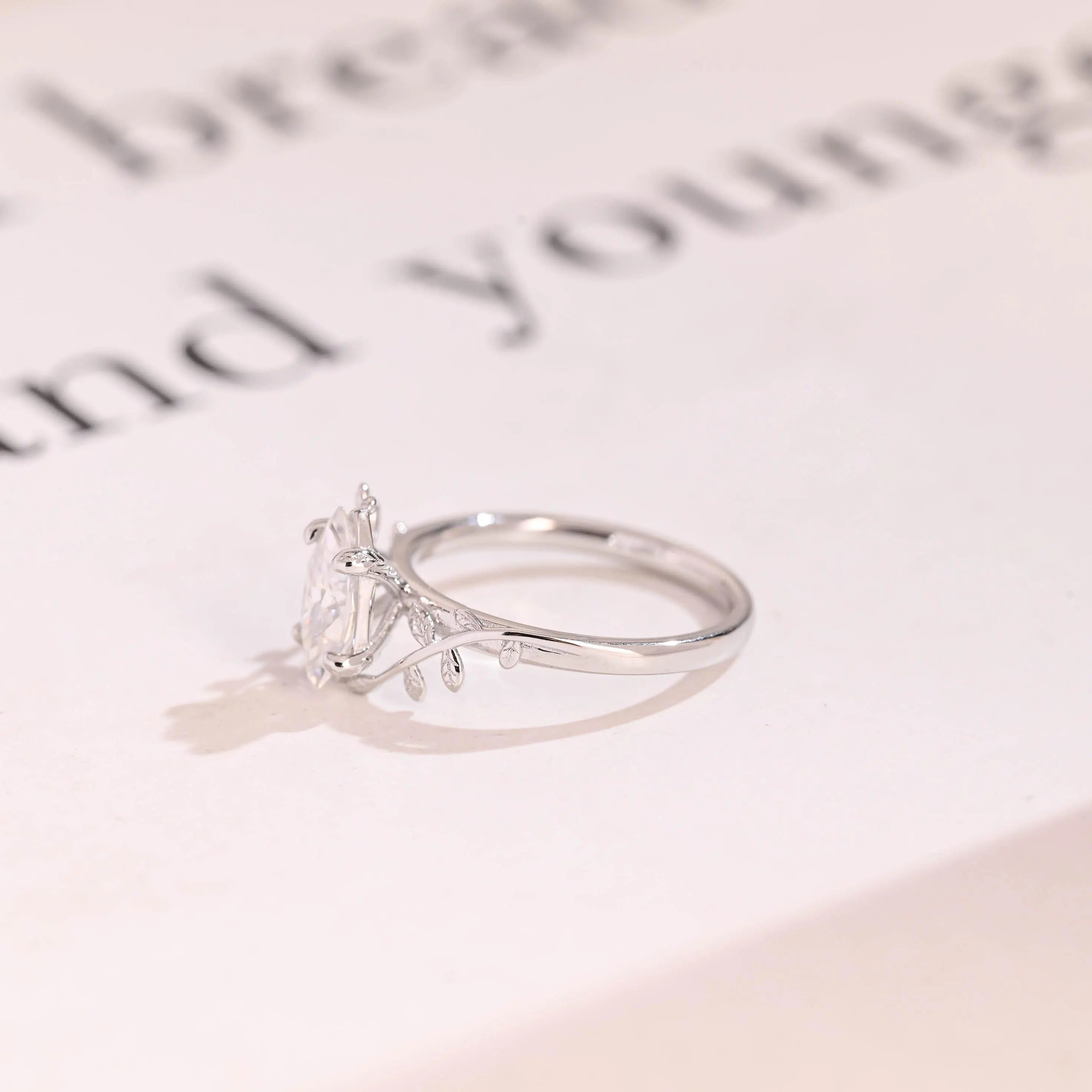 Solid Gold Leaf Ring, Marquise Moissanite Engagement Ring, Proposal Ring