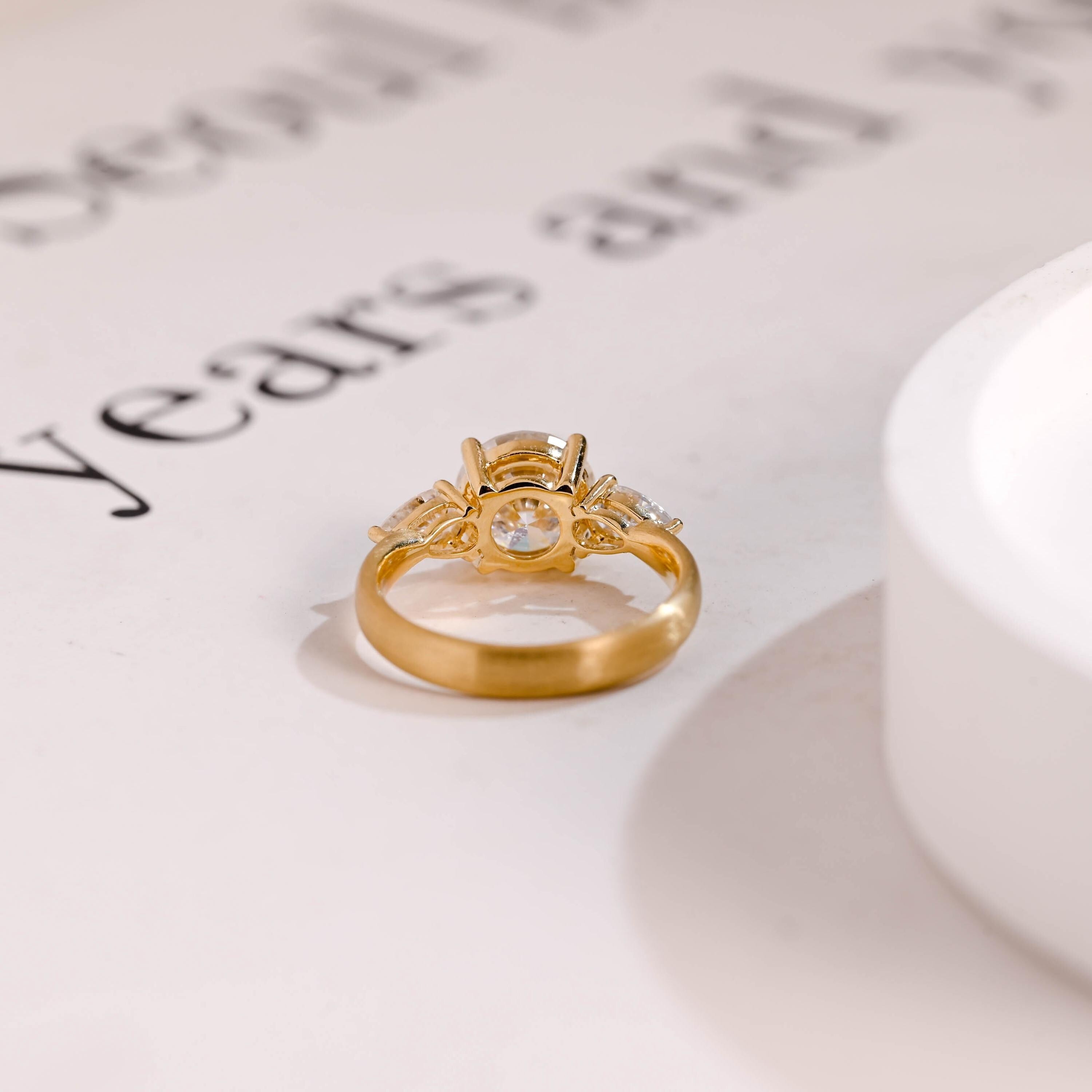 Solid Gold 3mm Width Three Stone Round Cut Moissanite Engagement Ring with Pear Accent