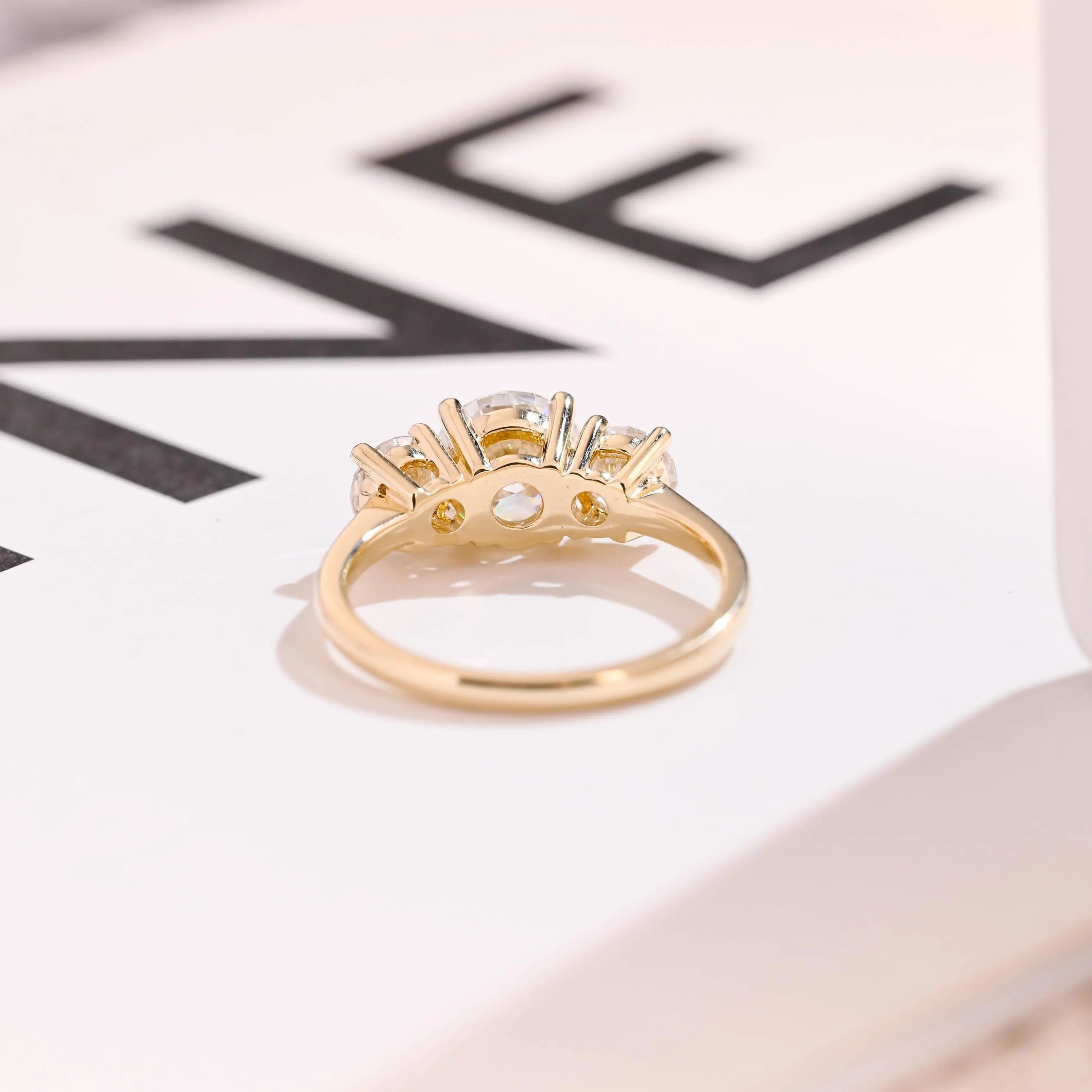 Solid Gold Three Stone Round Cut Moissanite Engagement Ring