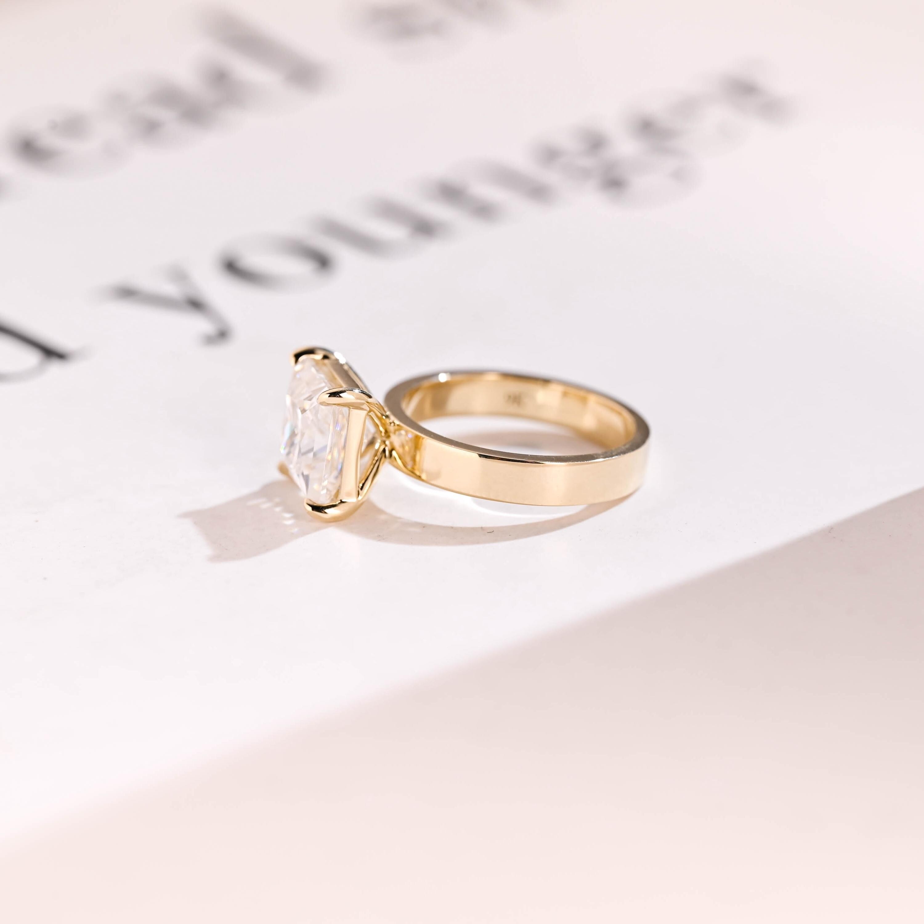 Solid Gold Princess Moissanite Engagement Ring, 3mm Wide Band Bridal Ring