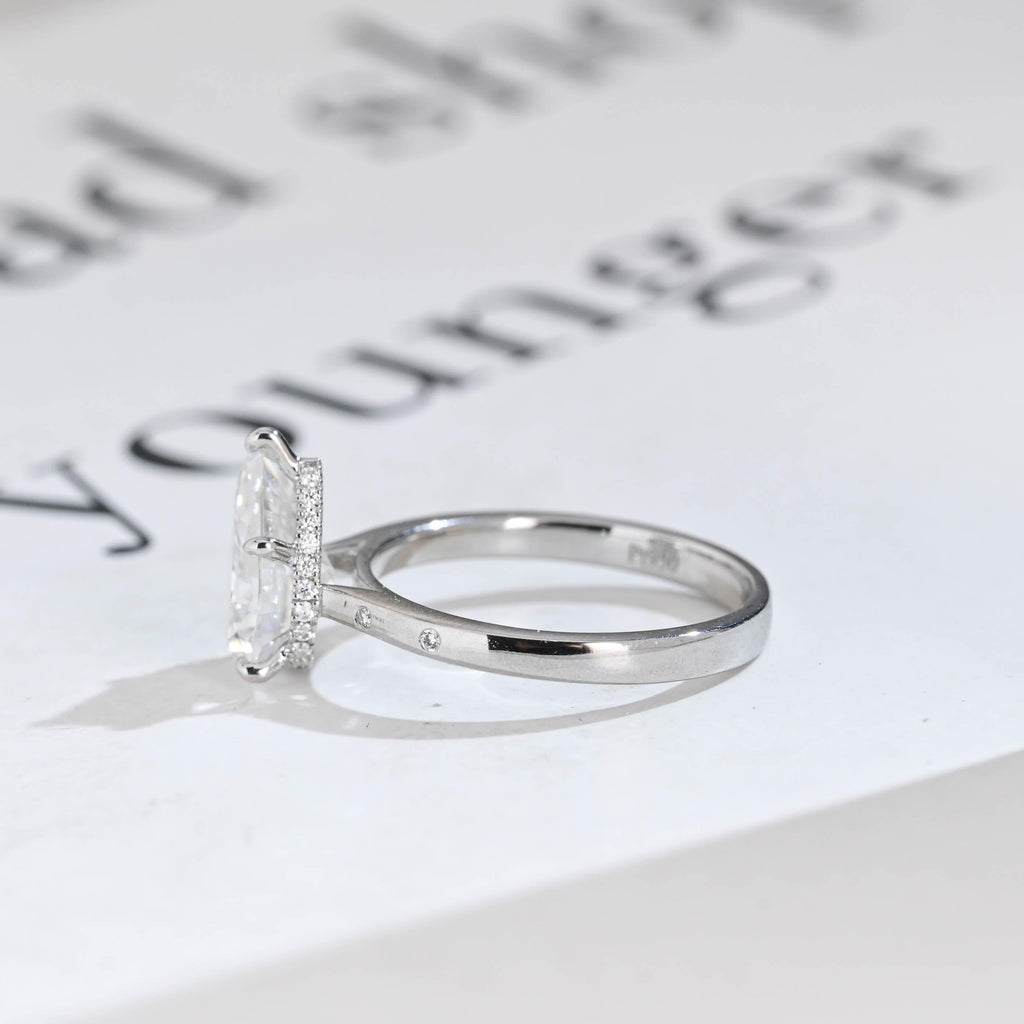 Solid Gold Pear Moissanite Engagement Ring with Hidden Halo