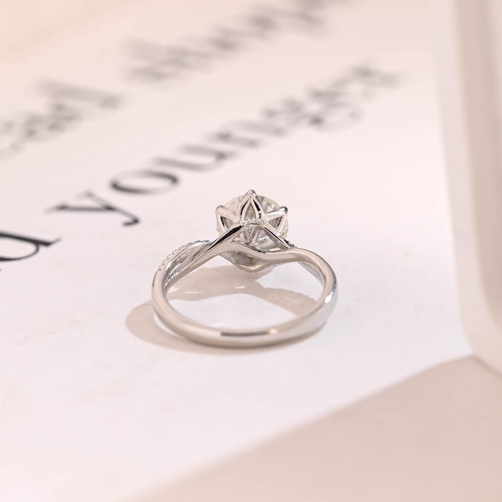Solid Gold Floral Round Moissanite Engagement Ring, Twisted Band Anniversary Ring