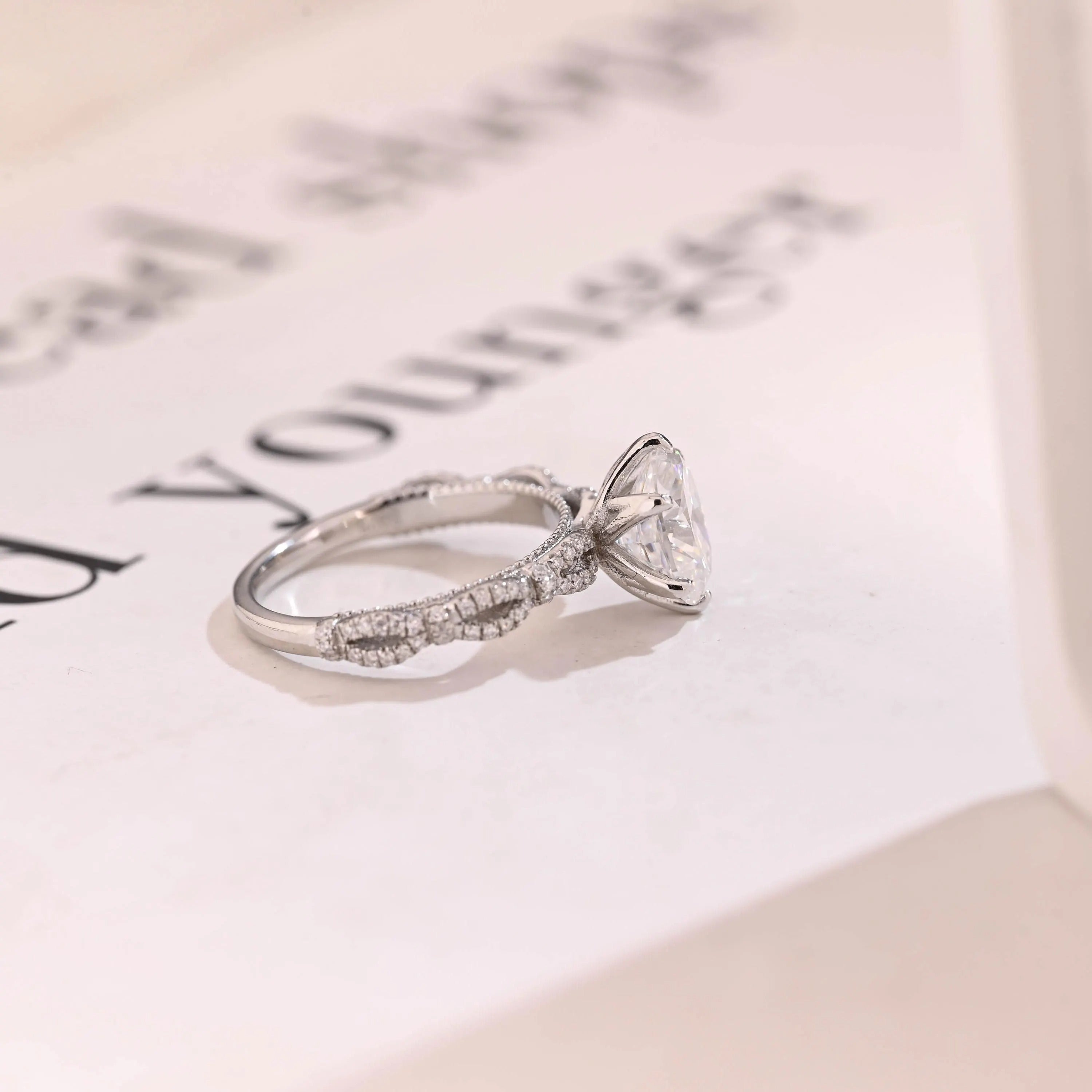 Solid Gold Oval Moissanite Tulip Flower Half Pave Engagement Ring