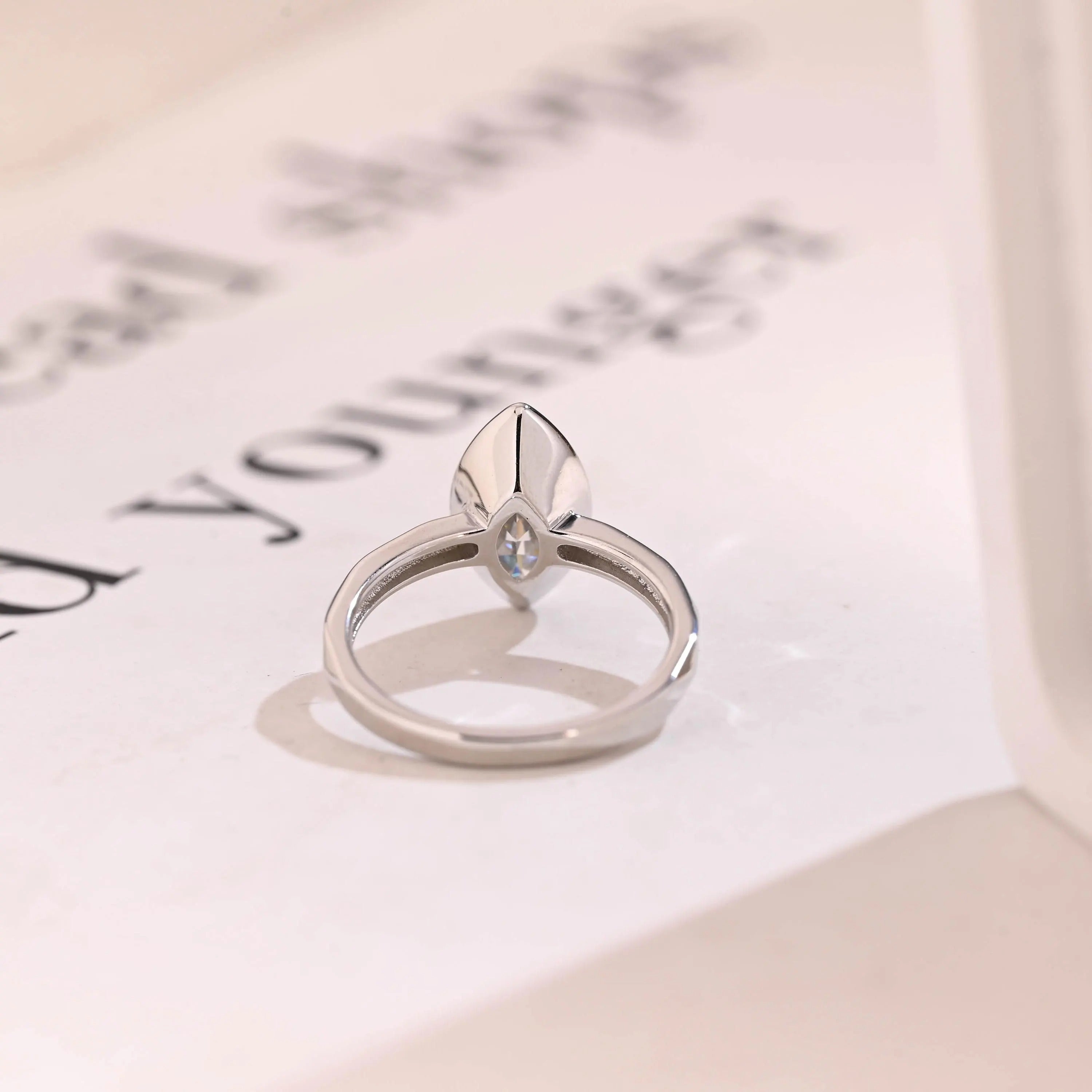 Solid Gold Marquise Moissanite Engagement Ring, Minimalist Bezel Ring