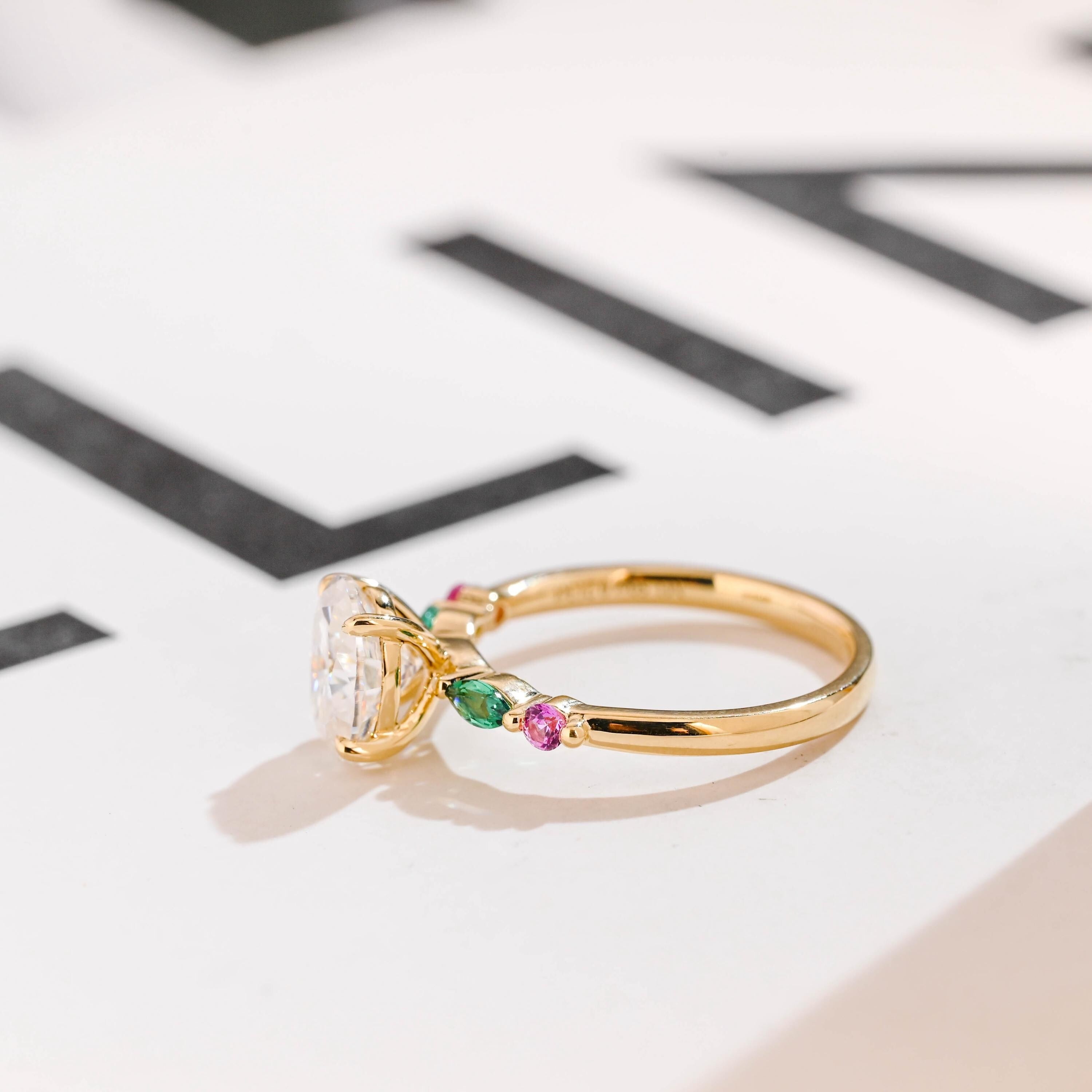 Solid Gold Oval Moissanite Engagement Ring with Ruby & Emerald