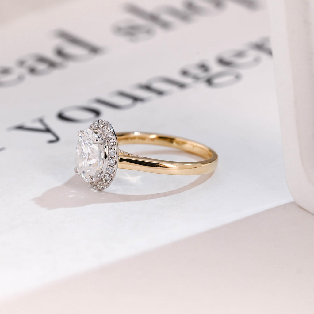 Solid Gold Oval Moissanite Engagement Ring, Two Tone Promise Ring