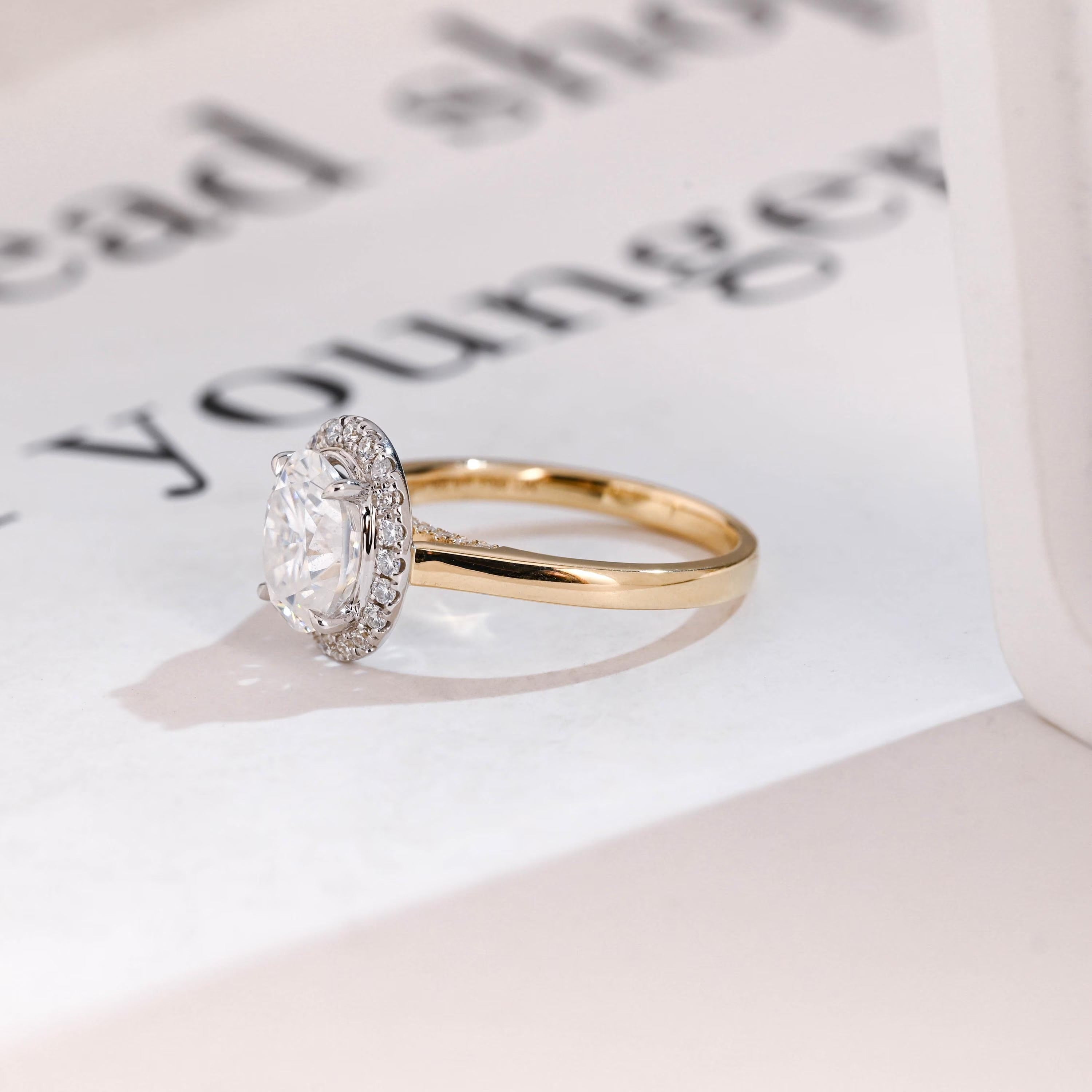 Solid Gold Oval Moissanite Engagement Ring, Two Tone Promise Ring