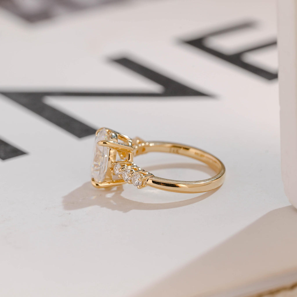 Solid Gold Oval Moissanite Engagement Ring, Half Eternity Promise Ring