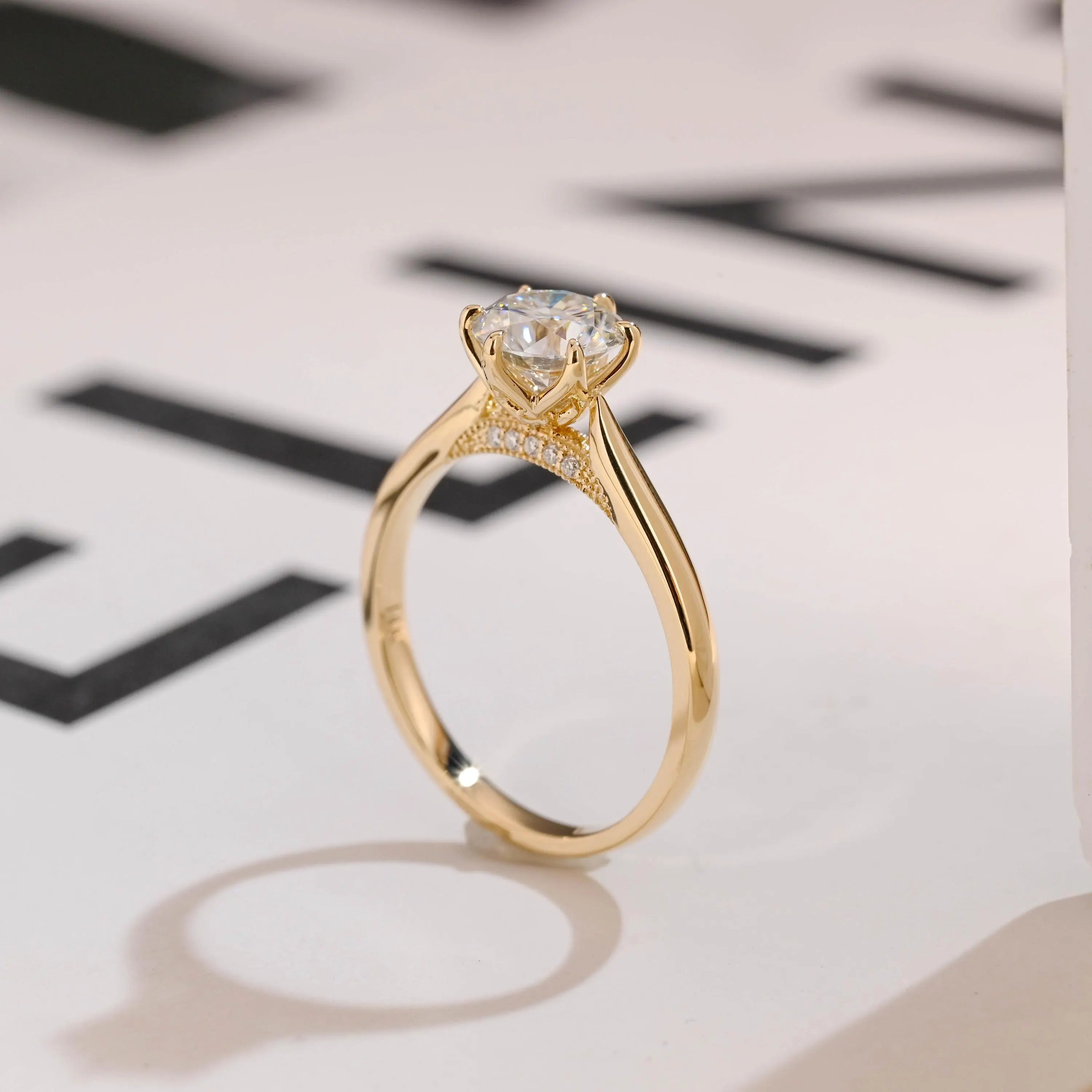 Solid Gold Tulip Flora Round Cut Moissanite Engagement Ring, Cathedral Ring Secondary image