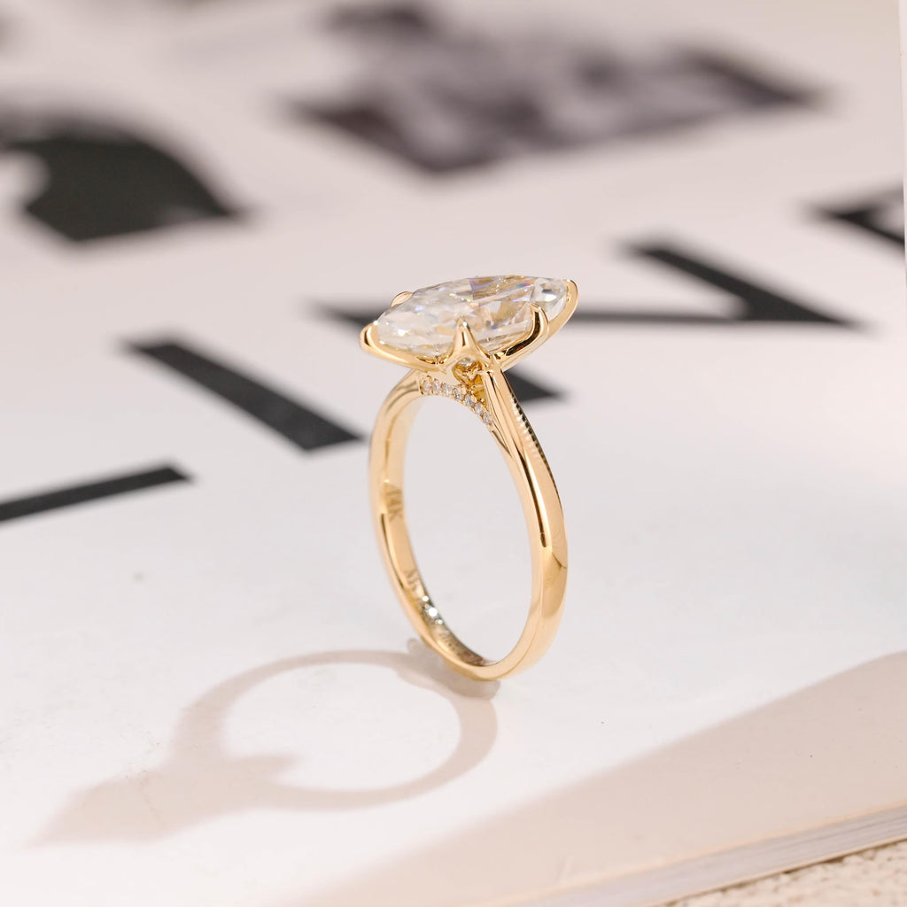 Solid Gold Tulip Floral Ring, Marquise Moissanite Engagement Ring, Cathedral Ring