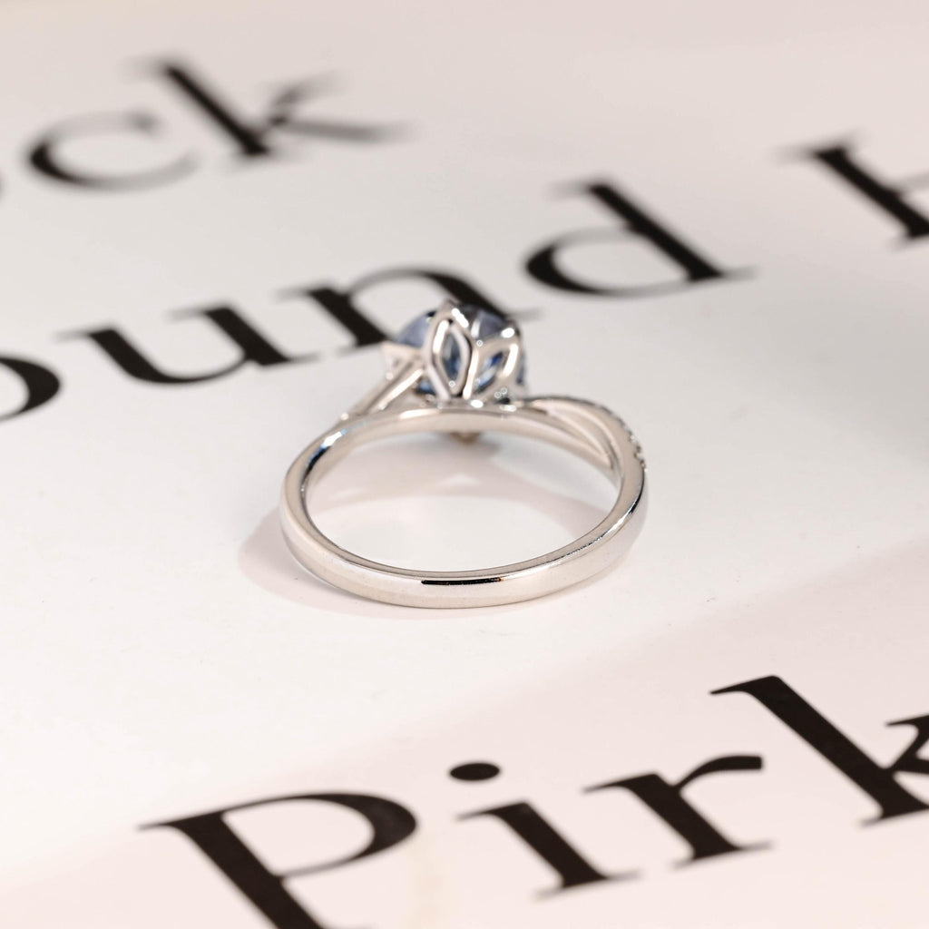 Solid Gold Round Cut Blue Moissanite Engagement Ring, Tulip Floral Bridal Ring
