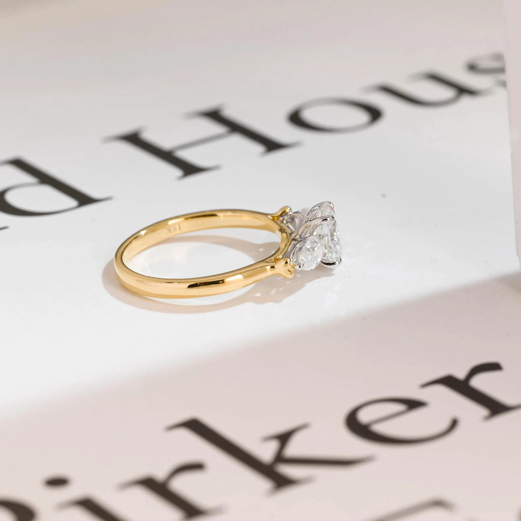 Solid Gold Oval Moissanite Engagement Ring, Three Stone Promise Ring