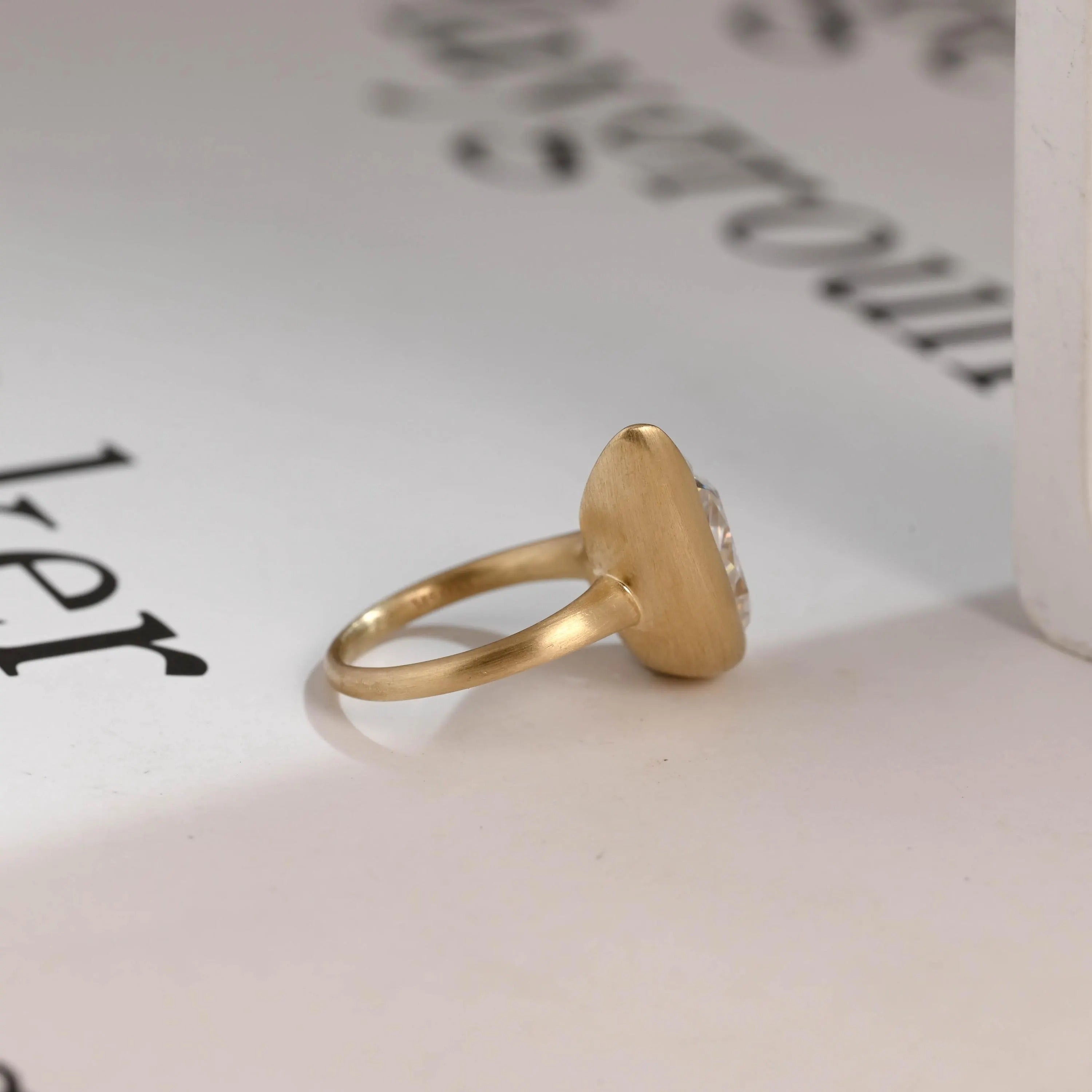Solid Gold Pear Moissanite Engagement Ring, Bezel Set Brushed Finish