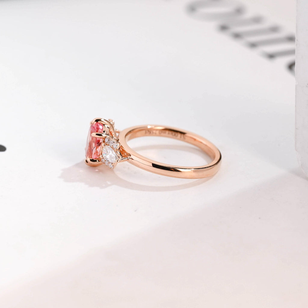 Solid Gold Oval Cut Pink Lab Grown Sapphire Engagement Ring, Three Stone Ring