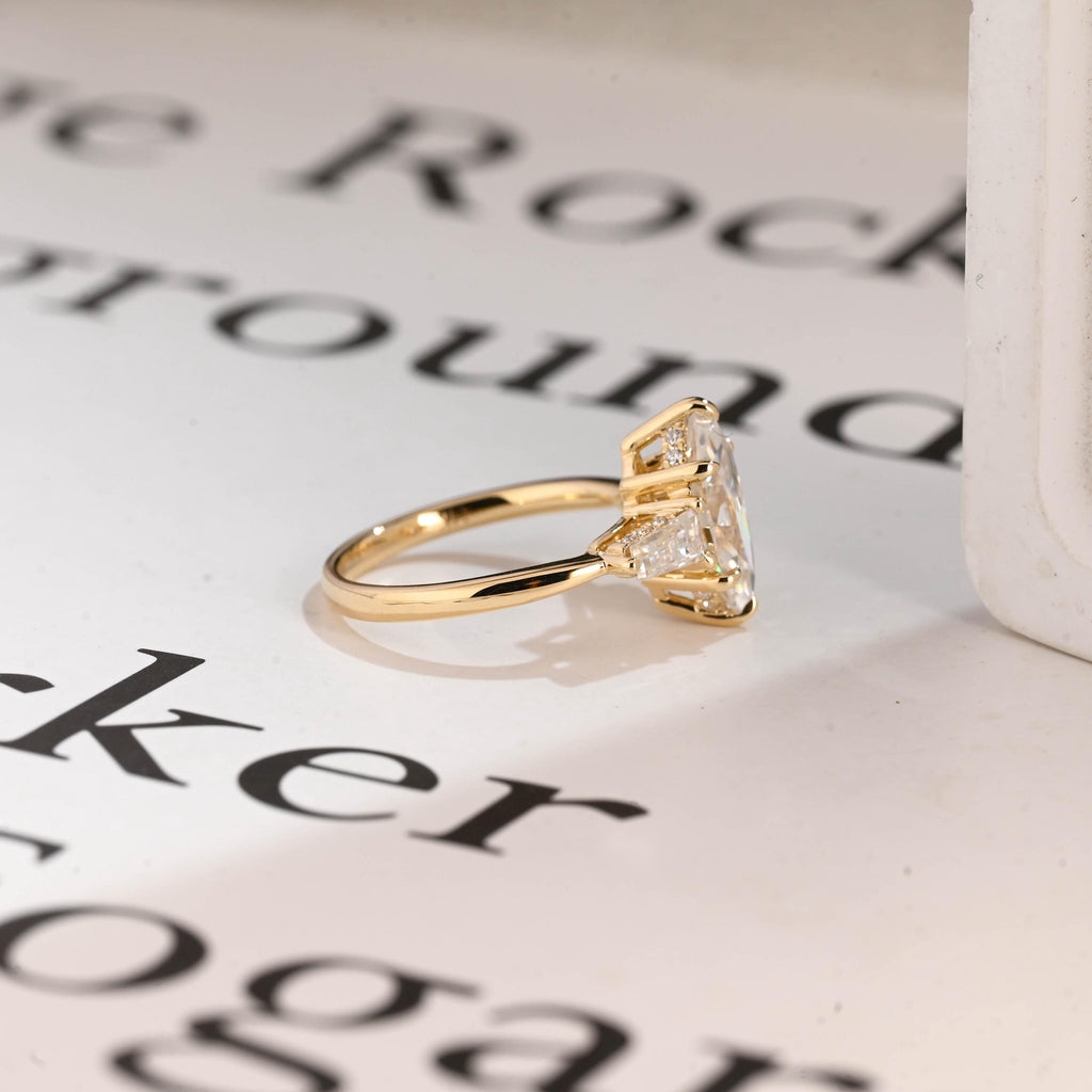 Solid Gold Three Stone Ring, Marquise Moissanite Engagement Ring