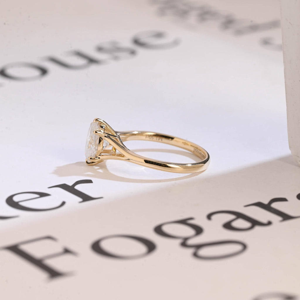 Solid Gold Six Prongs Oval Moissanite Engagement Ring with Bar, Promise Ring